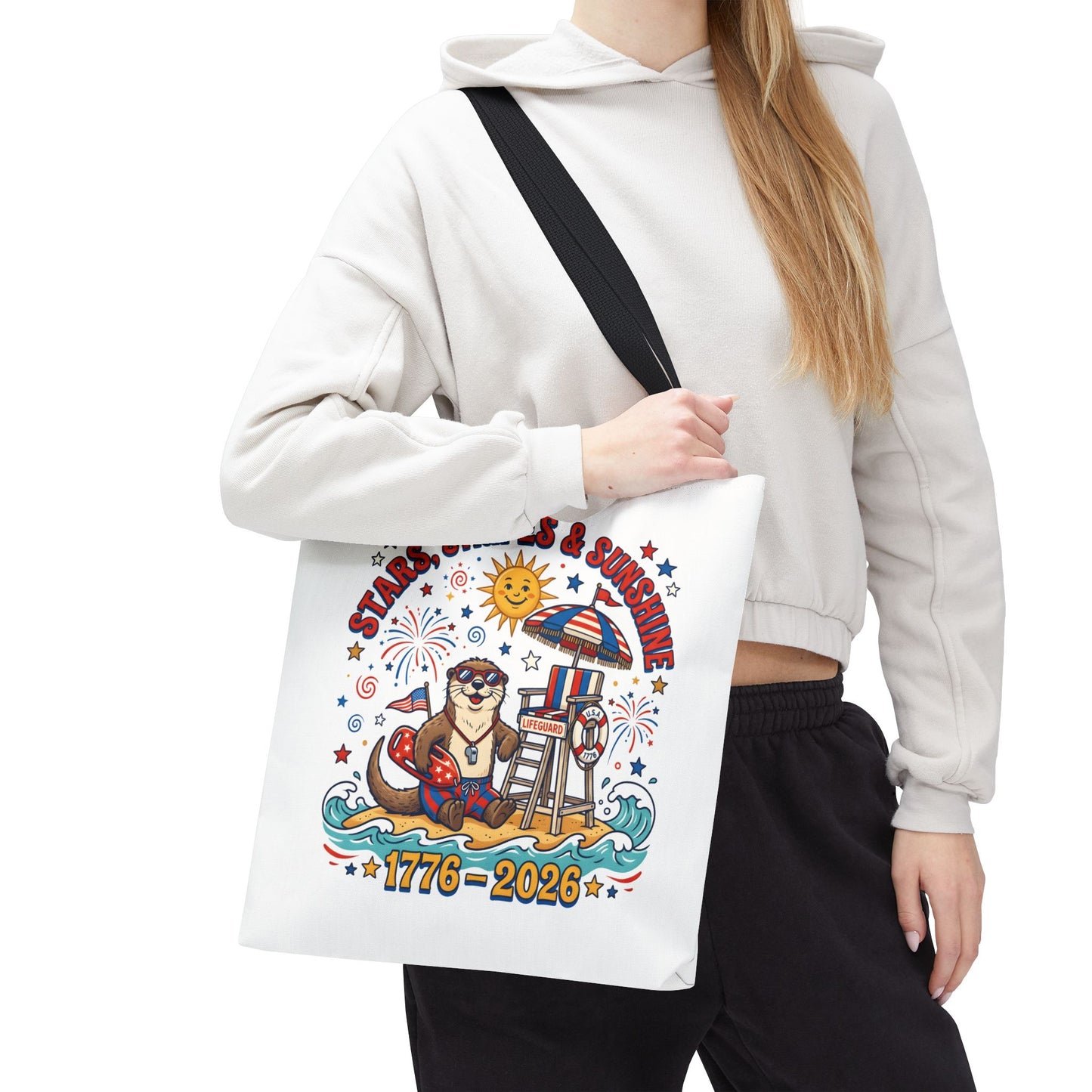 Stars, Stripes & Sunshine Tote Bag — 1776–2026 Patriotic Summer Beach Tote, 4th of July Tote