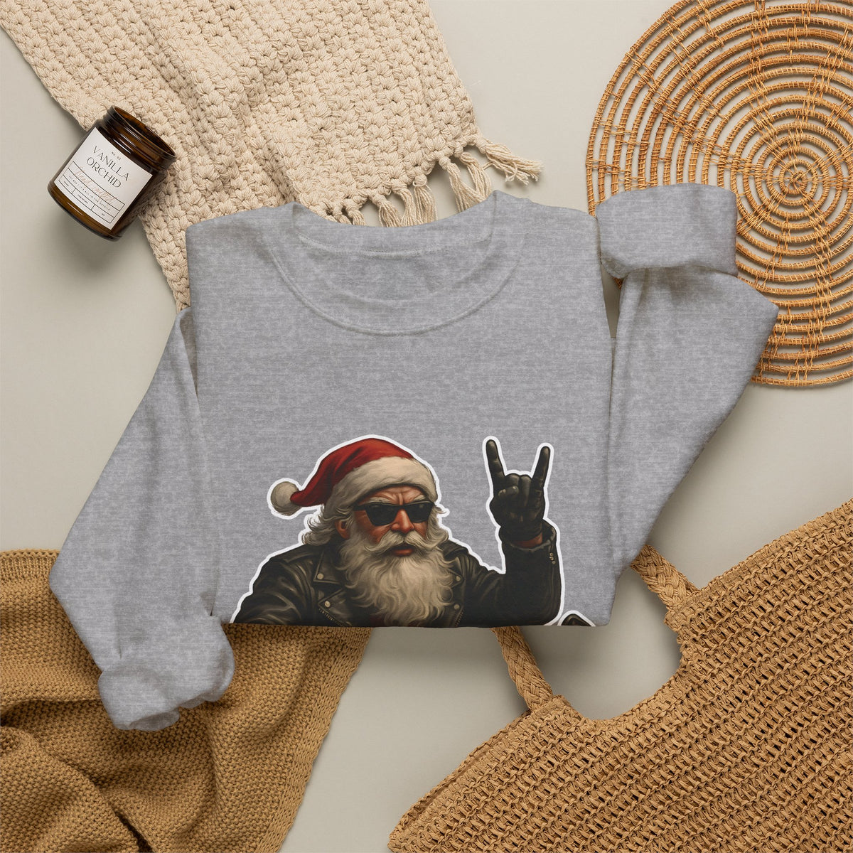 Santa Biker Crewneck Sweatshirt – 'Ho Ho Hell Yeah' Christmas Motorcycle Pullover
