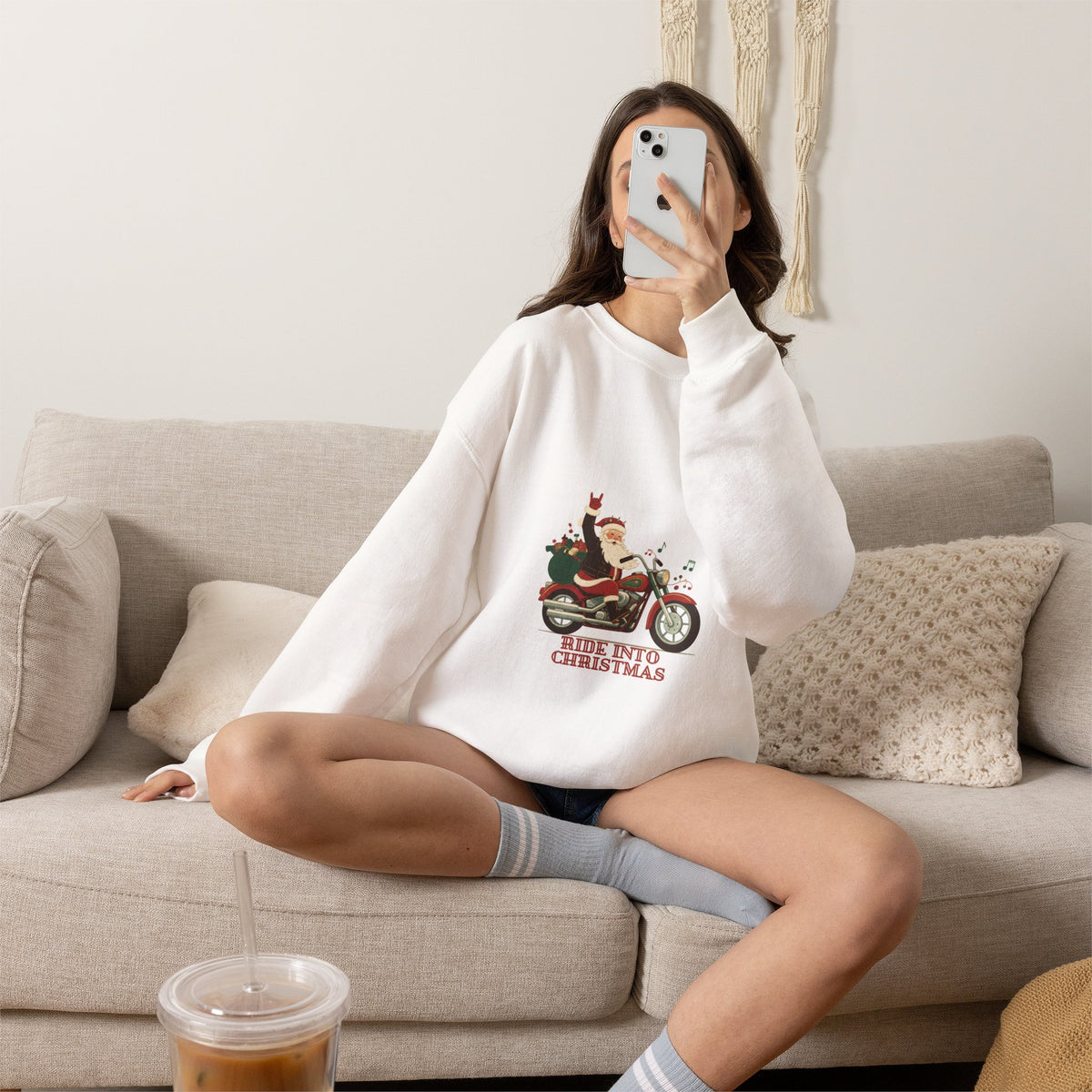 Christmas Motorcycle Sweatshirt - "Ride Into Christmas" Santa Biker Holiday Crewneck