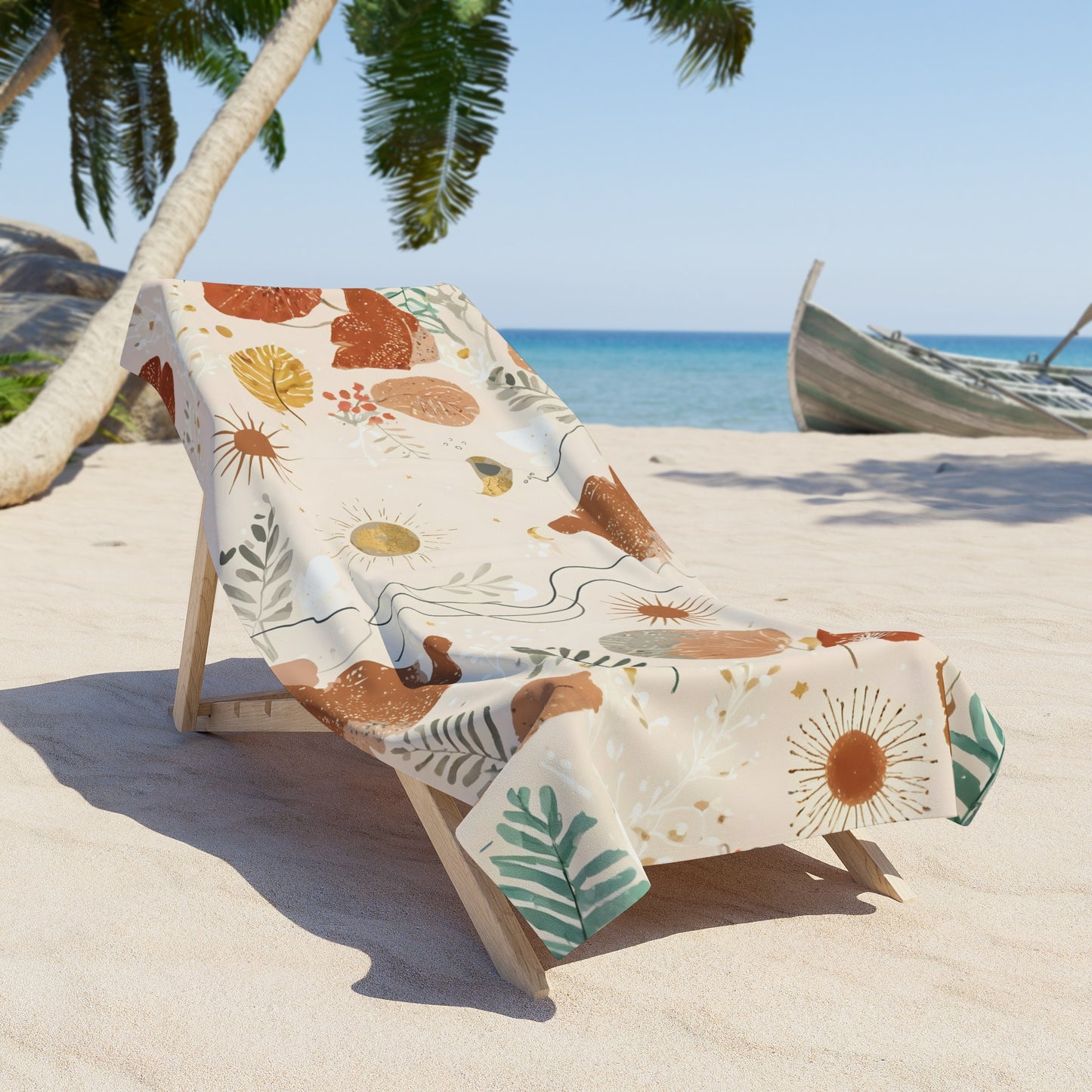 Boho Coastal Sun & Leaves Beach Towel