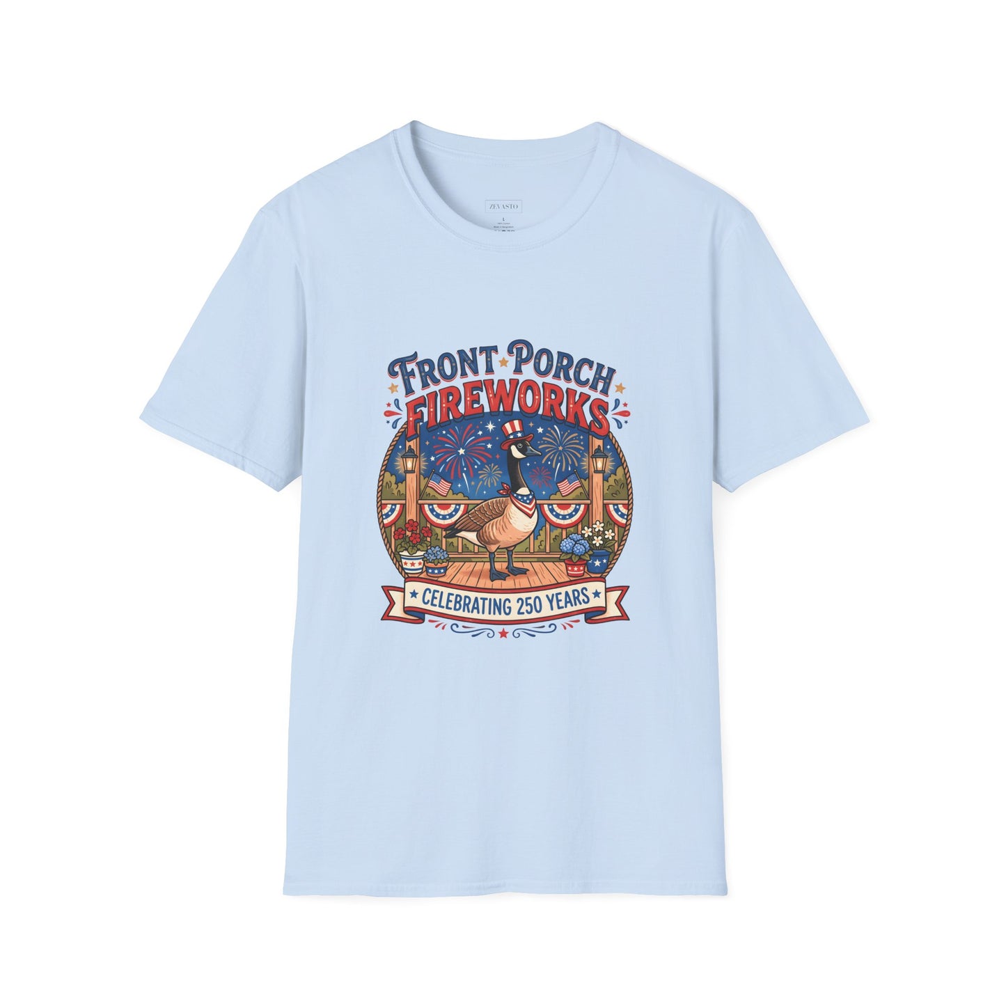 Front Porch Fireworks, Goose T-Shirt — Patriotic 4th of July Celebration Tee