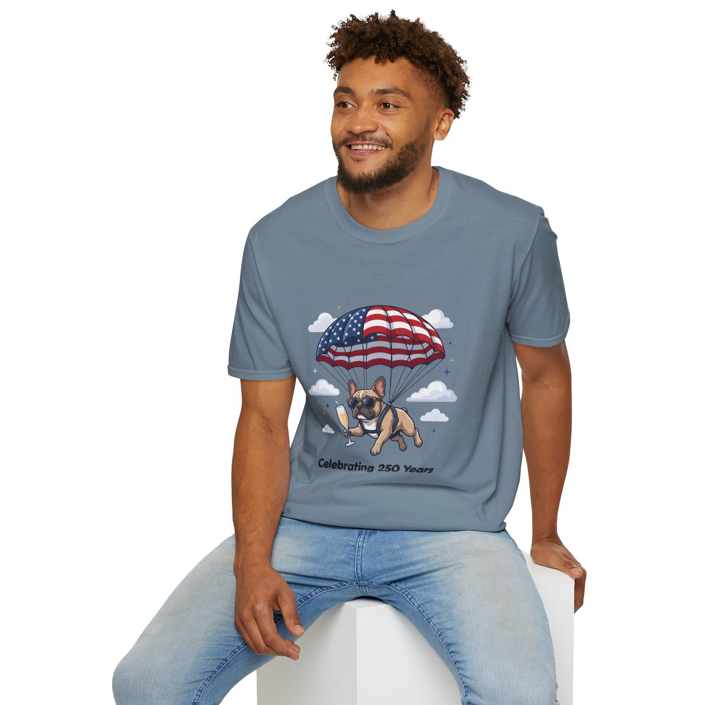Patriotic French Bulldog T-Shirt — "Celebrating 250 Years" Parachute Design