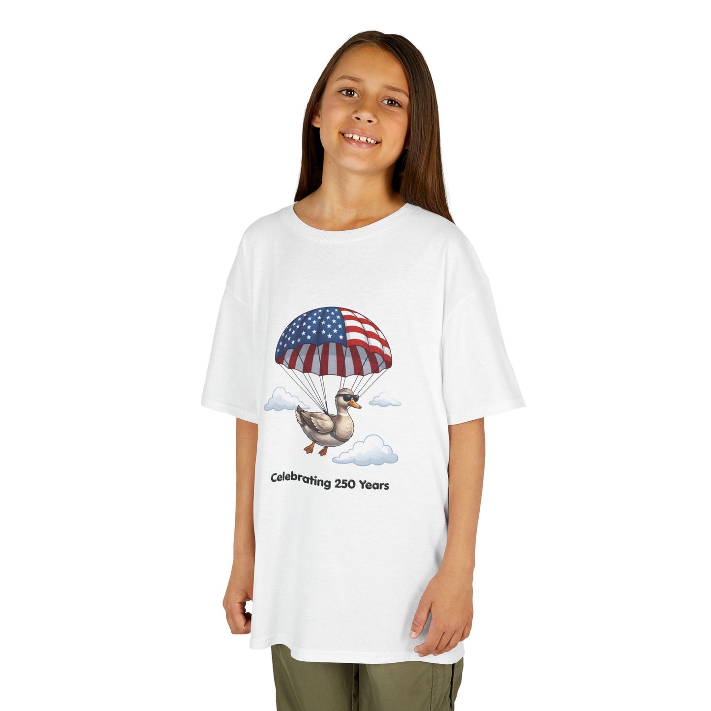 Kids Tee — Parachuting Duck, "Celebrating 250 Years"