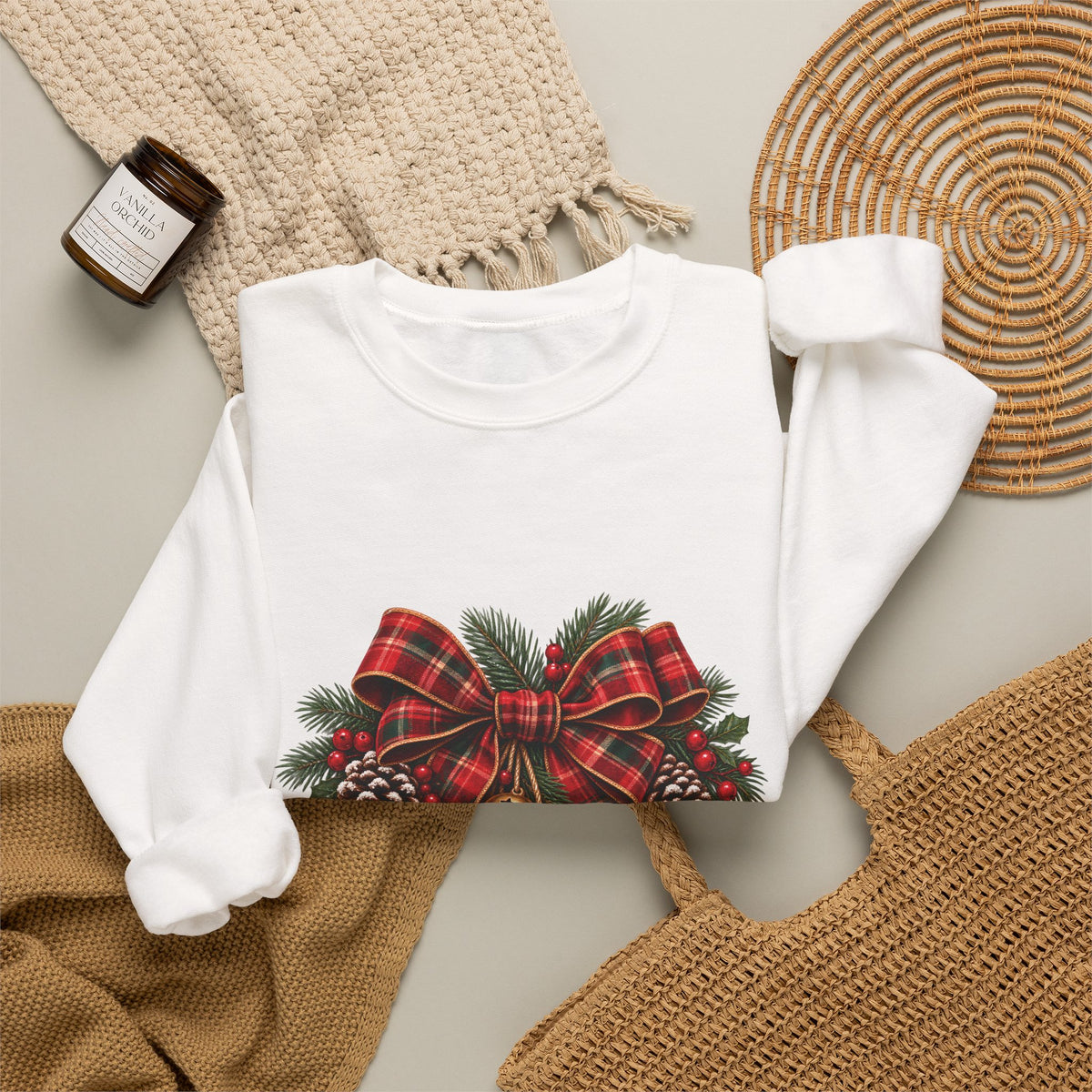 Christmas Plaid Bow Sweatshirt - Holiday Pinecone & Jingle Bells Crewneck