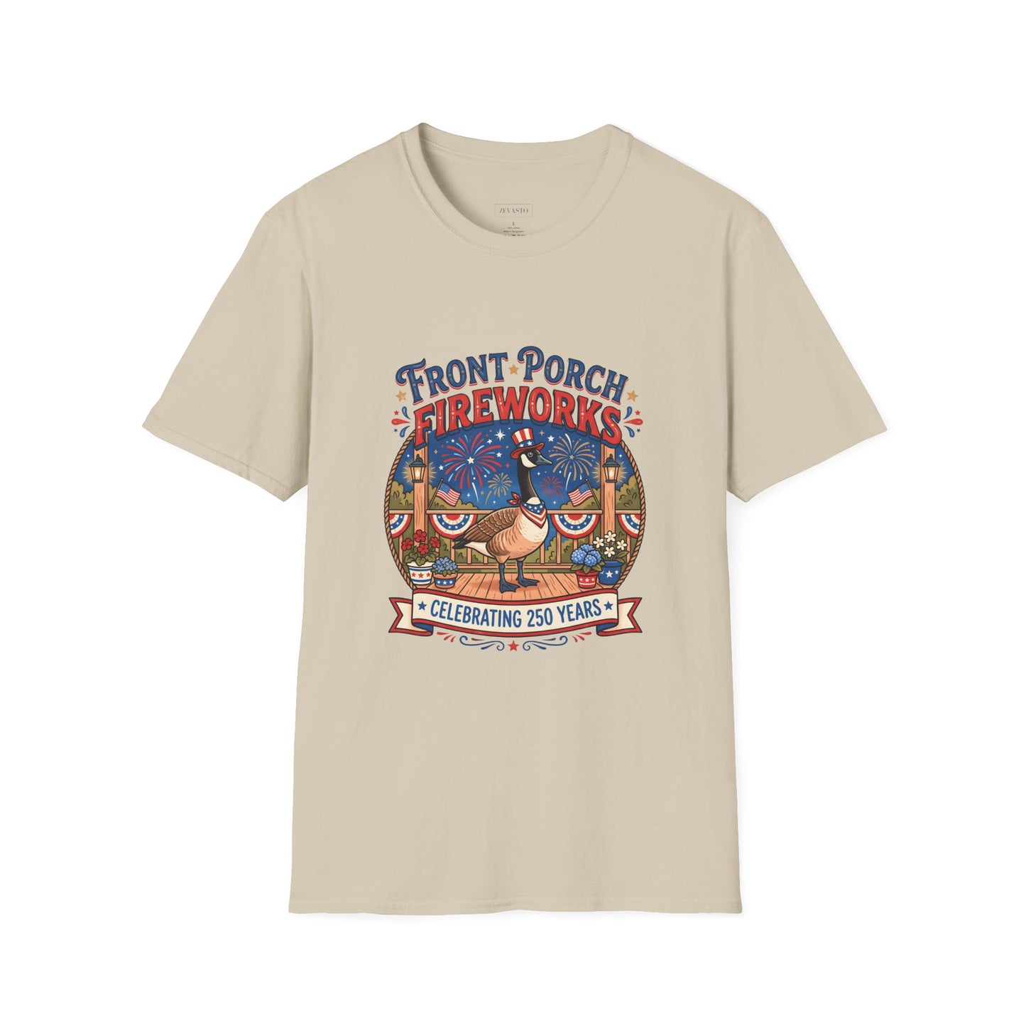 Front Porch Fireworks, Goose T-Shirt — Patriotic 4th of July Celebration Tee