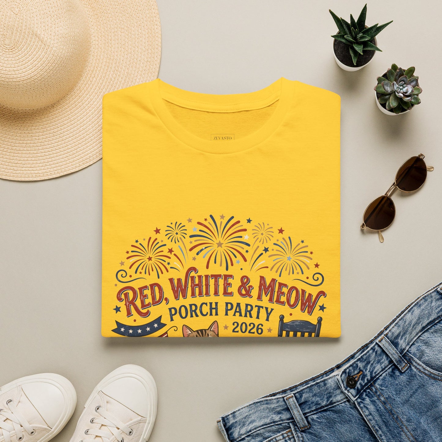 Red, White & Meow Porch Party T-Shirt — 2026 Patriotic Cat Tee, 4th of July Shirt, Independence Day Gift