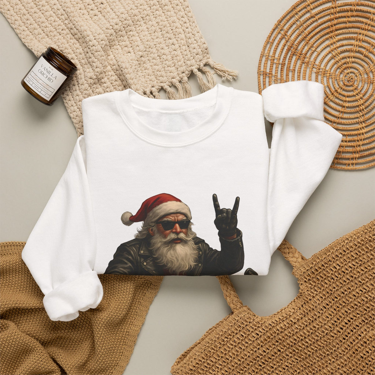 Santa Biker Crewneck Sweatshirt – 'Ho Ho Hell Yeah' Christmas Motorcycle Pullover
