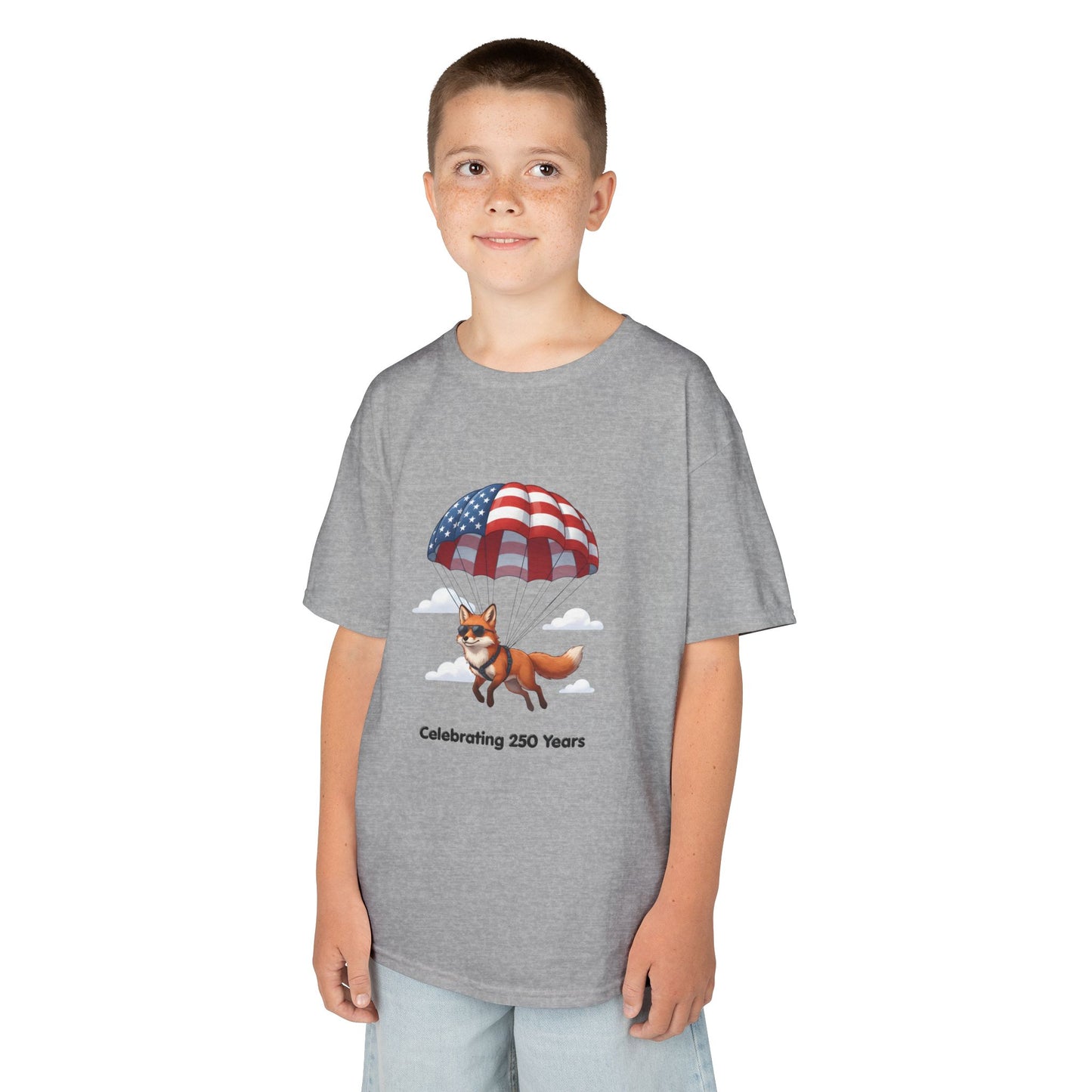 Kids Tee — Patriotic Fox with Parachute - “Celebrating 250 Years”