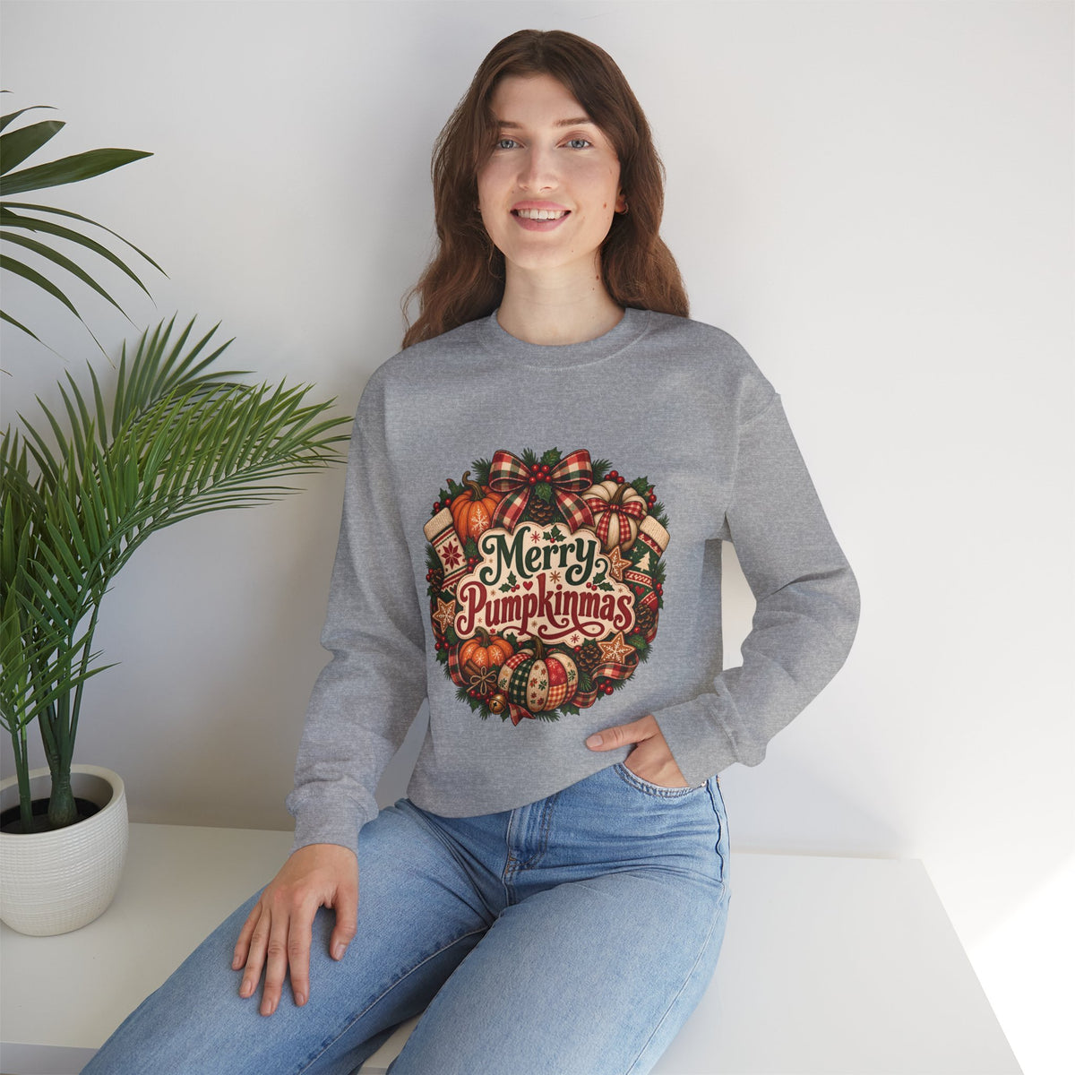 Merry Pumpkinmas Sweatshirt — Holiday Pumpkin Wreath Crewneck