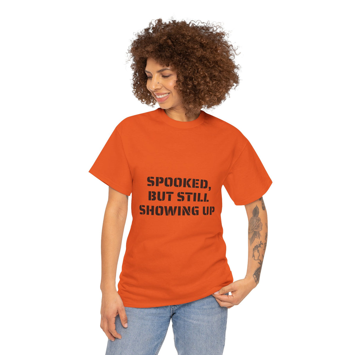 Spooked, But Still Showing Up Unisex Heavy Cotton Tee | Halloween, Funny T-Shirt