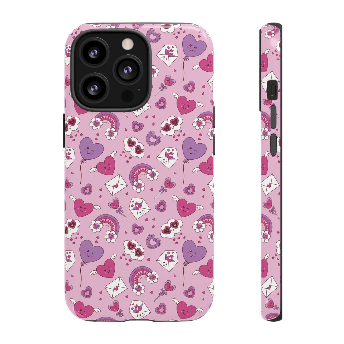 Pink Valentine Phone Case – Cute Hearts, Envelopes & Rainbows Protective Cover