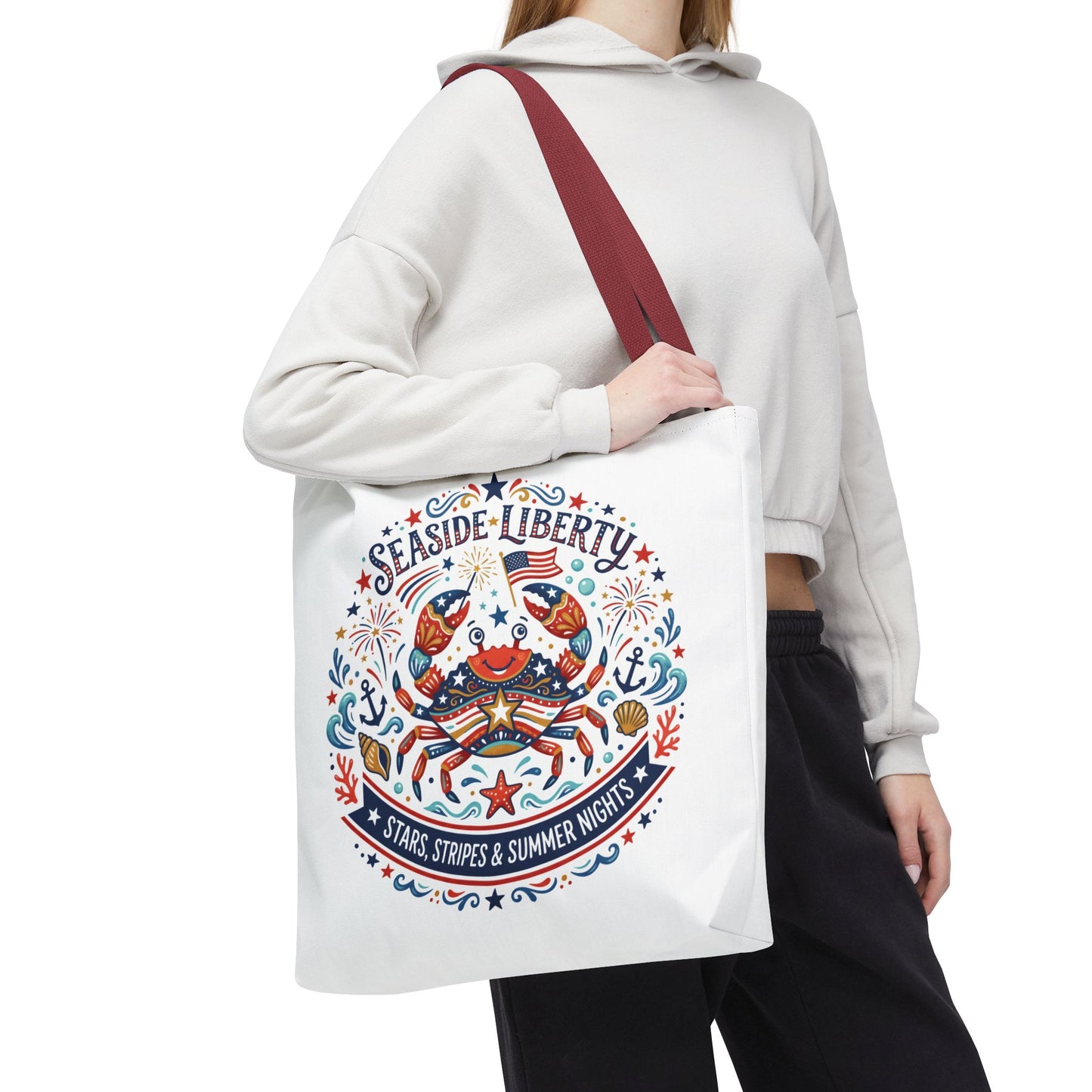 Seaside Liberty Tote Bag — 4th of July, Patriotic Bag "Stars, Stripes & Summer Nights"