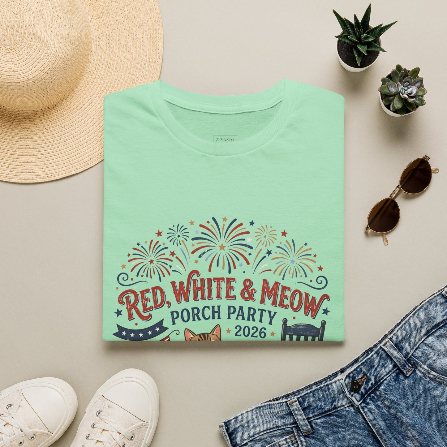 Red, White & Meow Porch Party T-Shirt — 2026 Patriotic Cat Tee, 4th of July Shirt, Independence Day Gift
