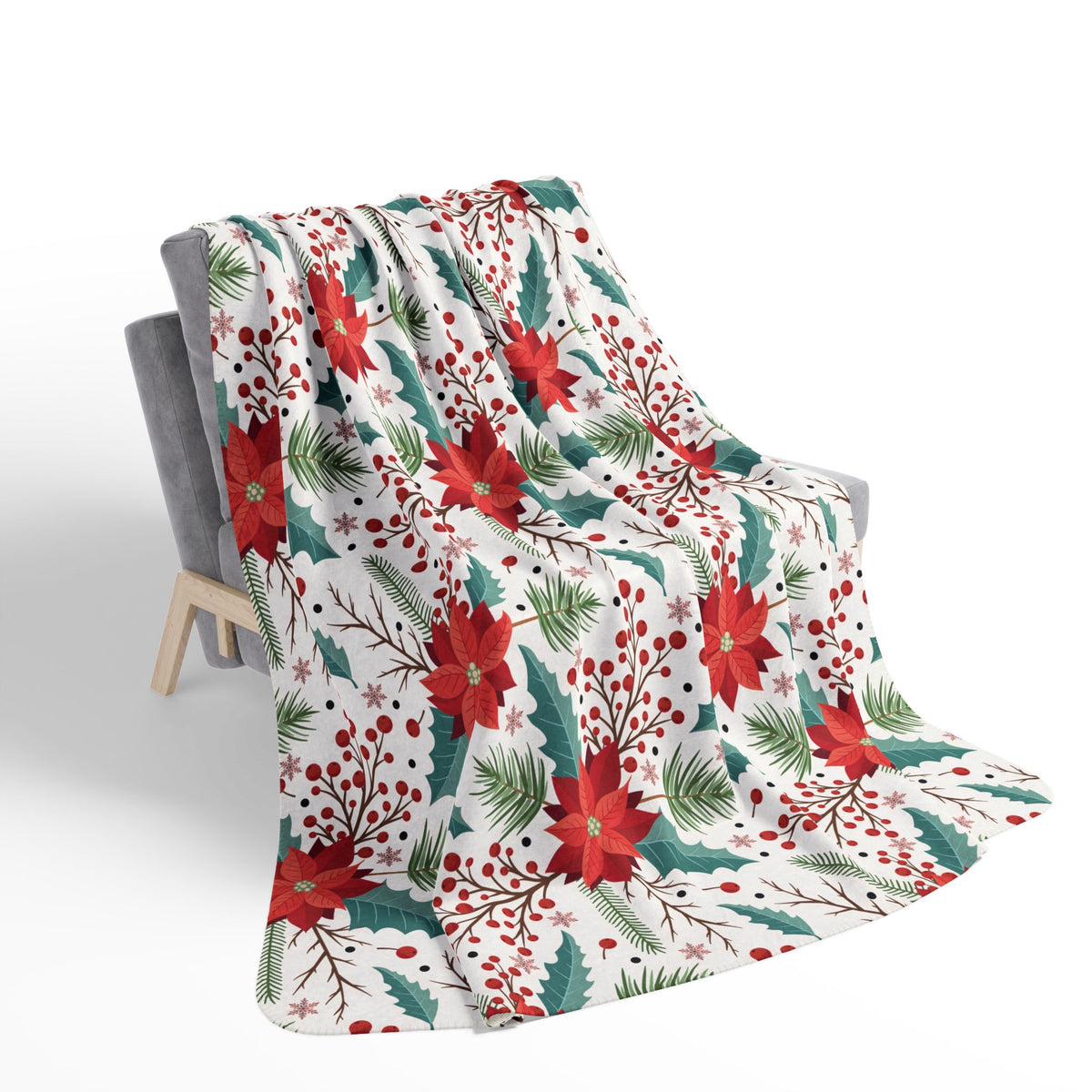 Poinsettia Holiday Fleece Sherpa Blanket - Cozy Christmas Throw with Festive Red & Green Floral Pattern