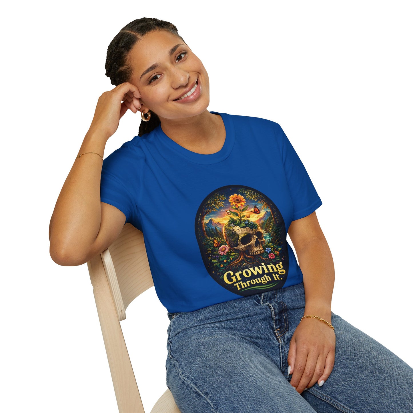 Growing Through It T-Shirt – Earth Day Nature Skull Graphic Tee | Mental Growth & Healing Shirt | Botanical Aesthetic Unisex Tee