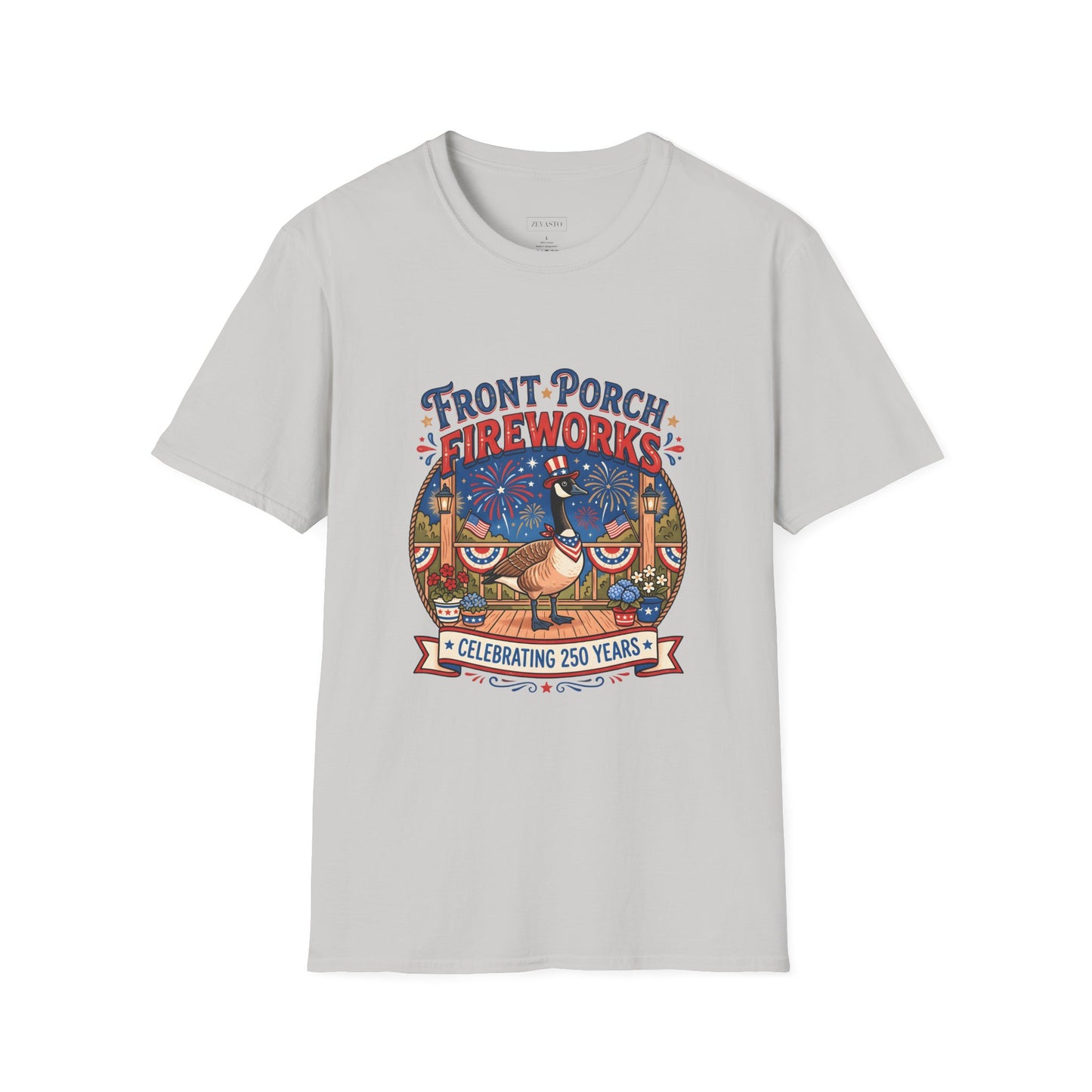 Front Porch Fireworks, Goose T-Shirt — Patriotic 4th of July Celebration Tee
