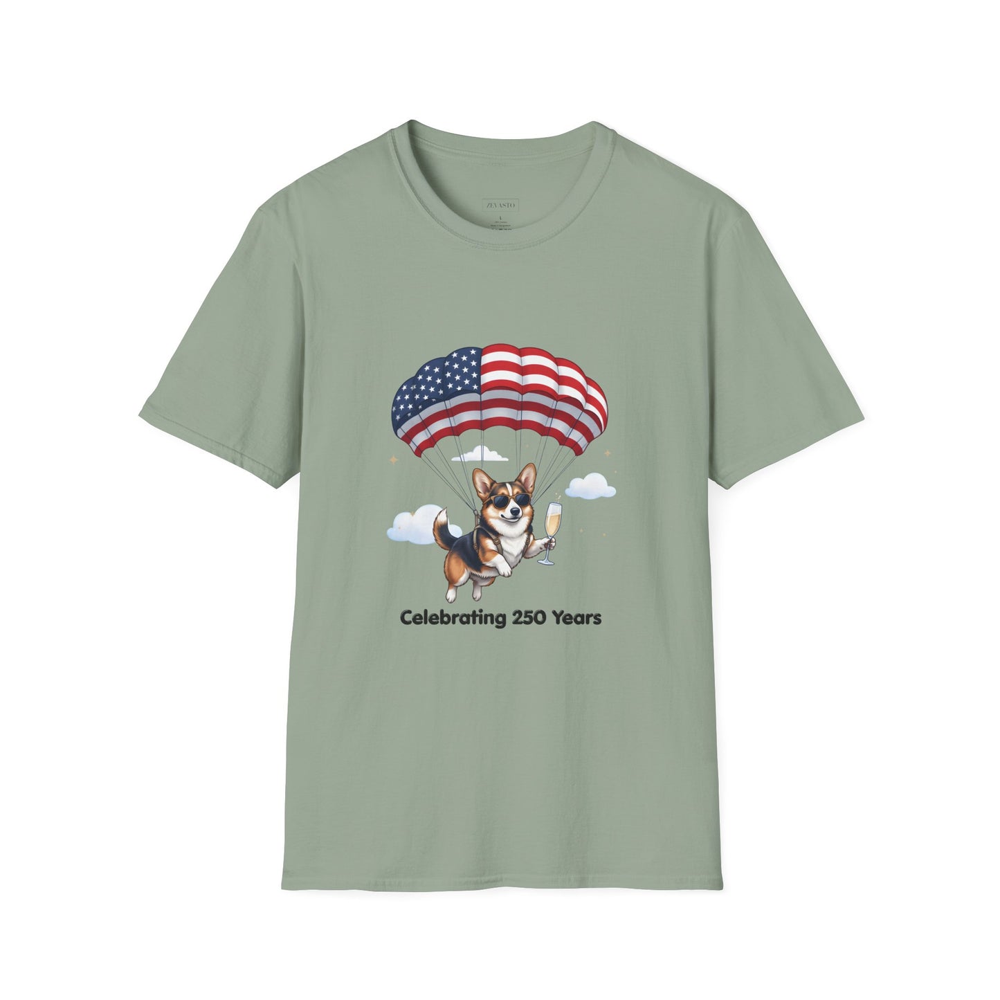 Corgi Parachute American Flag T-Shirt — "Celebrating 250 Years" Patriotic Tee
