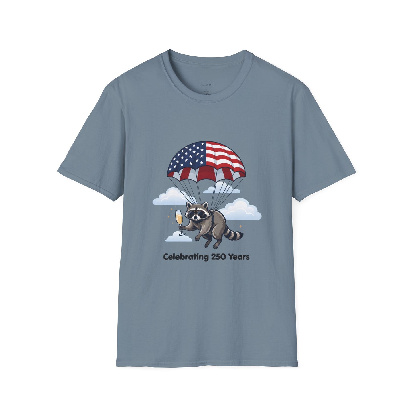 Patriotic Parachuting Raccoon T-Shirt — "Celebrating 250 Years"