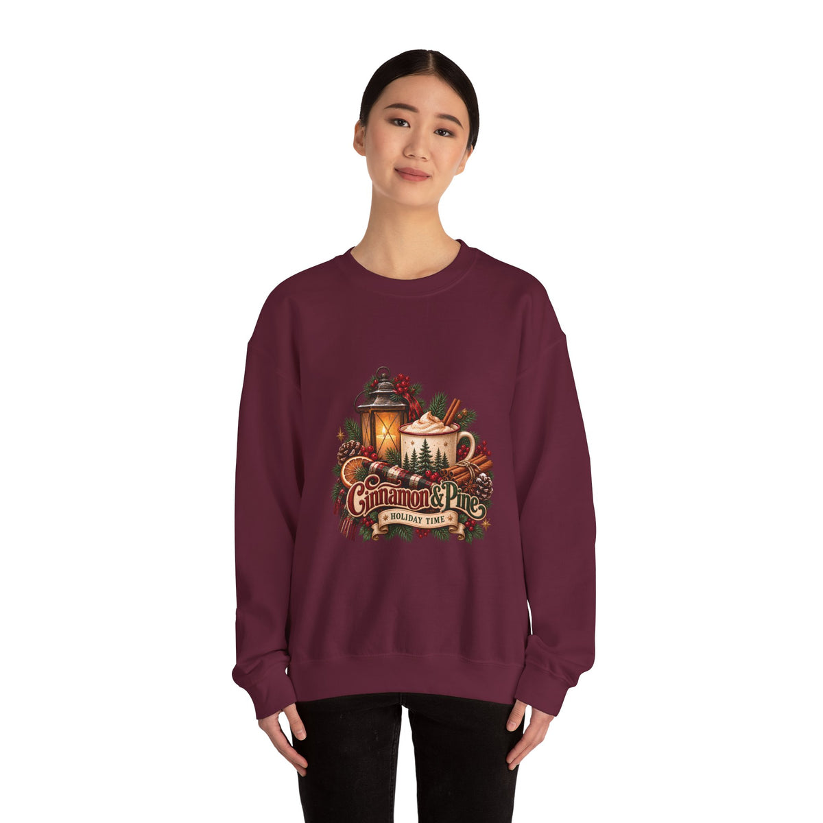 Cinnamon & Pine Crewneck Sweatshirt — Cozy Holiday Lantern Design Sweatshirt
