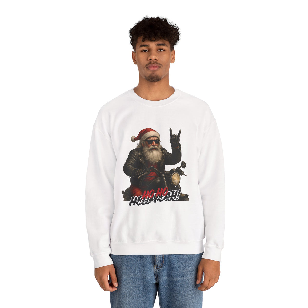 Santa Biker Crewneck Sweatshirt – 'Ho Ho Hell Yeah' Christmas Motorcycle Pullover
