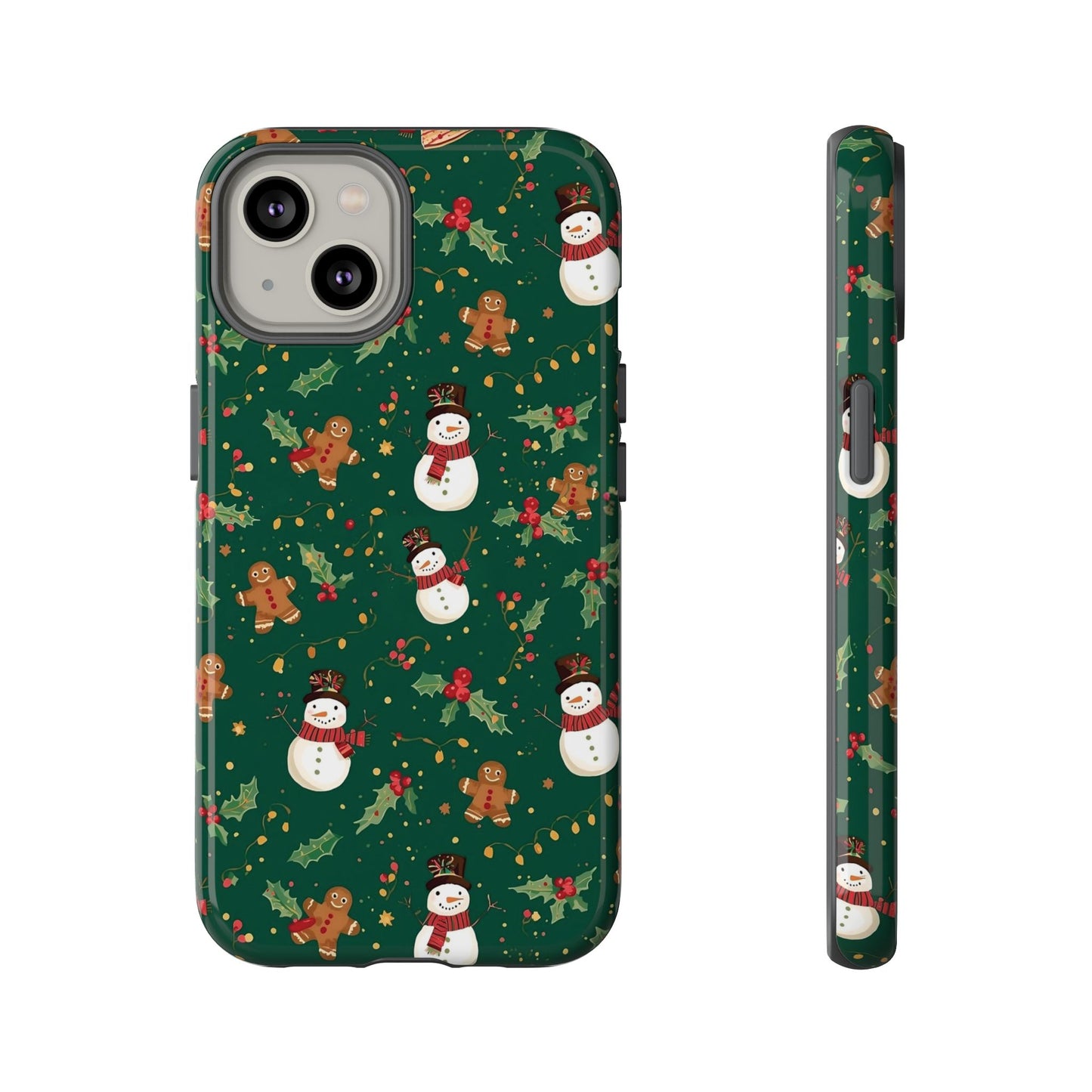 Christmas Phone Case with Snowmen and Gingerbread Design, Dual Layer Phone Case for Iphone 17, 16, 15, 14, 13, 12, 11 & Samsung