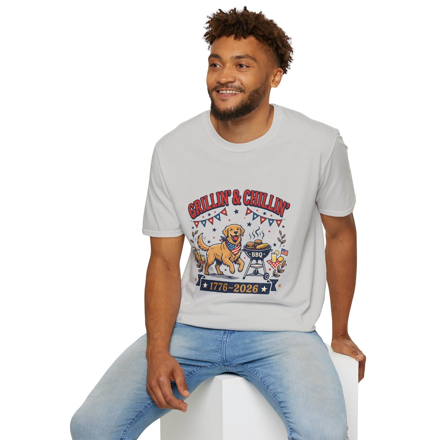Grillin' & Chillin' BBQ Dog T-Shirt — 1776-2026 Patriotic Summer Tee, 4th of July Shirt, Independence Day Tee