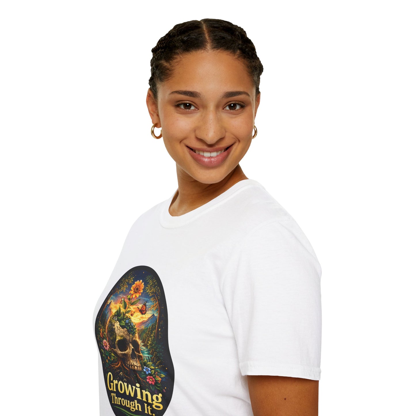 Growing Through It T-Shirt – Earth Day Nature Skull Graphic Tee | Mental Growth & Healing Shirt | Botanical Aesthetic Unisex Tee