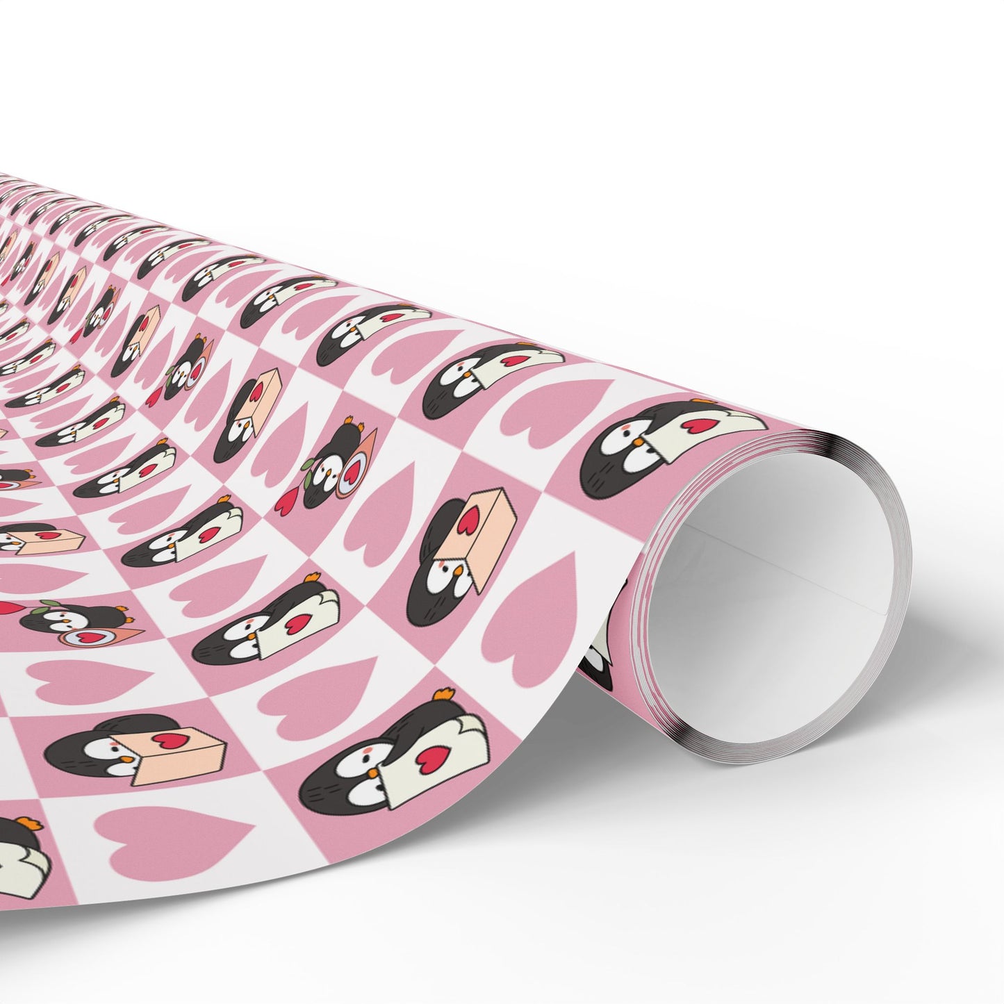 Penguin Hearts Wrapping Paper Roll — Pink Valentine Gift Wrap