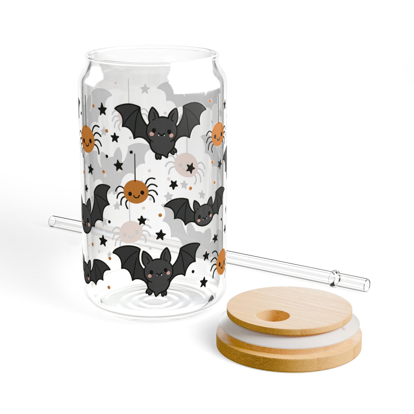 Halloween-Themed Sipper Glass, 16oz with Bat and Spider Design, Perfect for Spooky Parties, Fall Gatherings