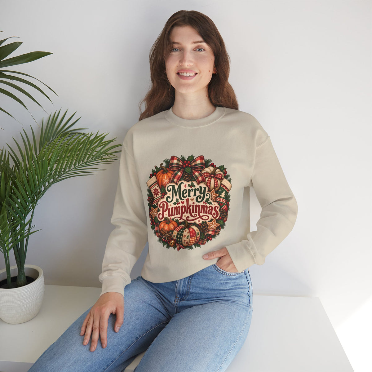 Merry Pumpkinmas Sweatshirt — Holiday Pumpkin Wreath Crewneck