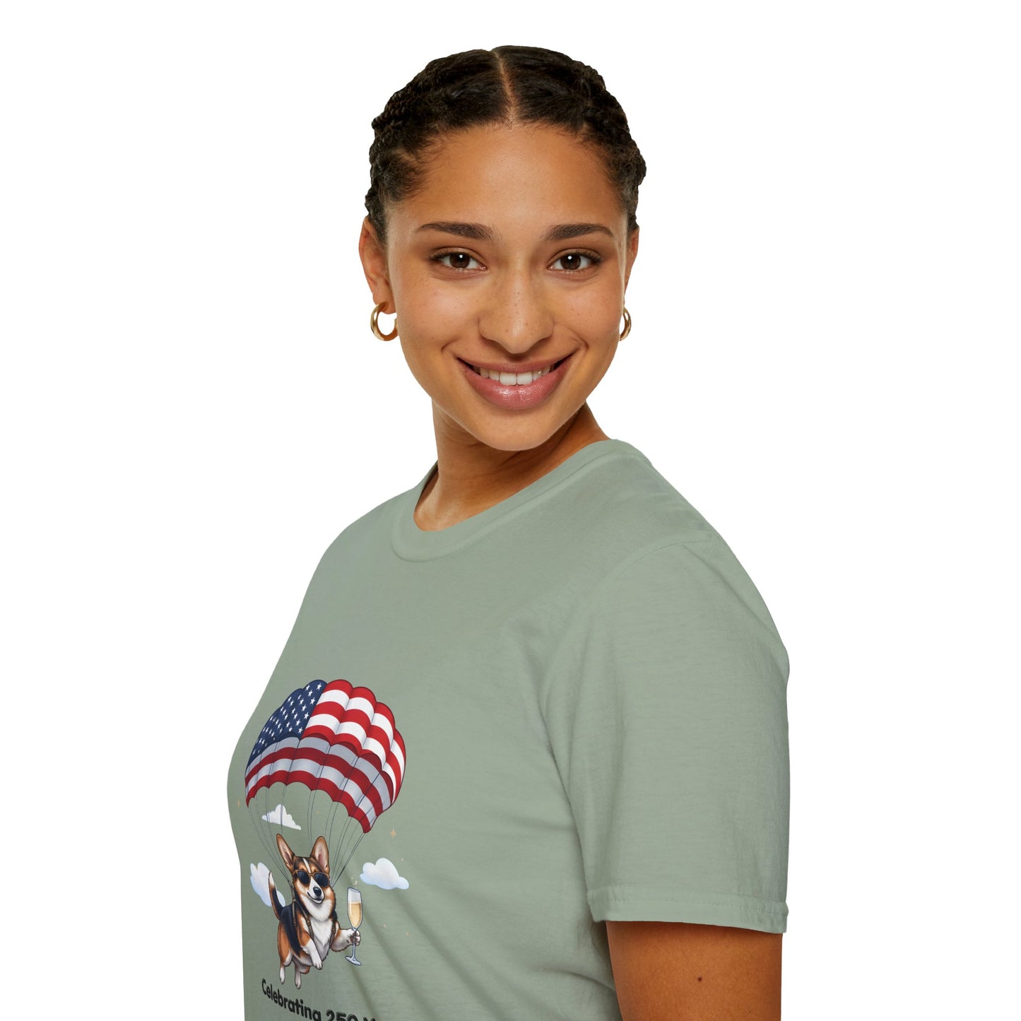 Corgi Parachute American Flag T-Shirt — "Celebrating 250 Years" Patriotic Tee