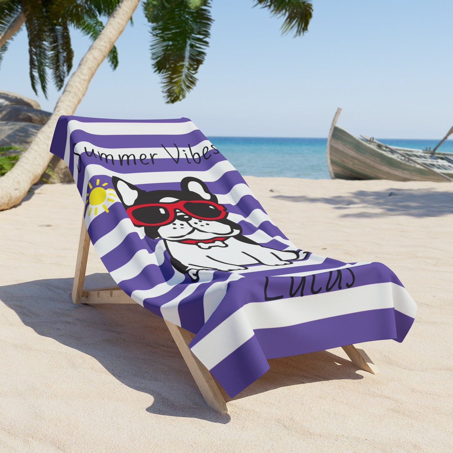 Personalized "Summer Vibes" Purple Striped Beach Towel with Sunglasses French Bulldog