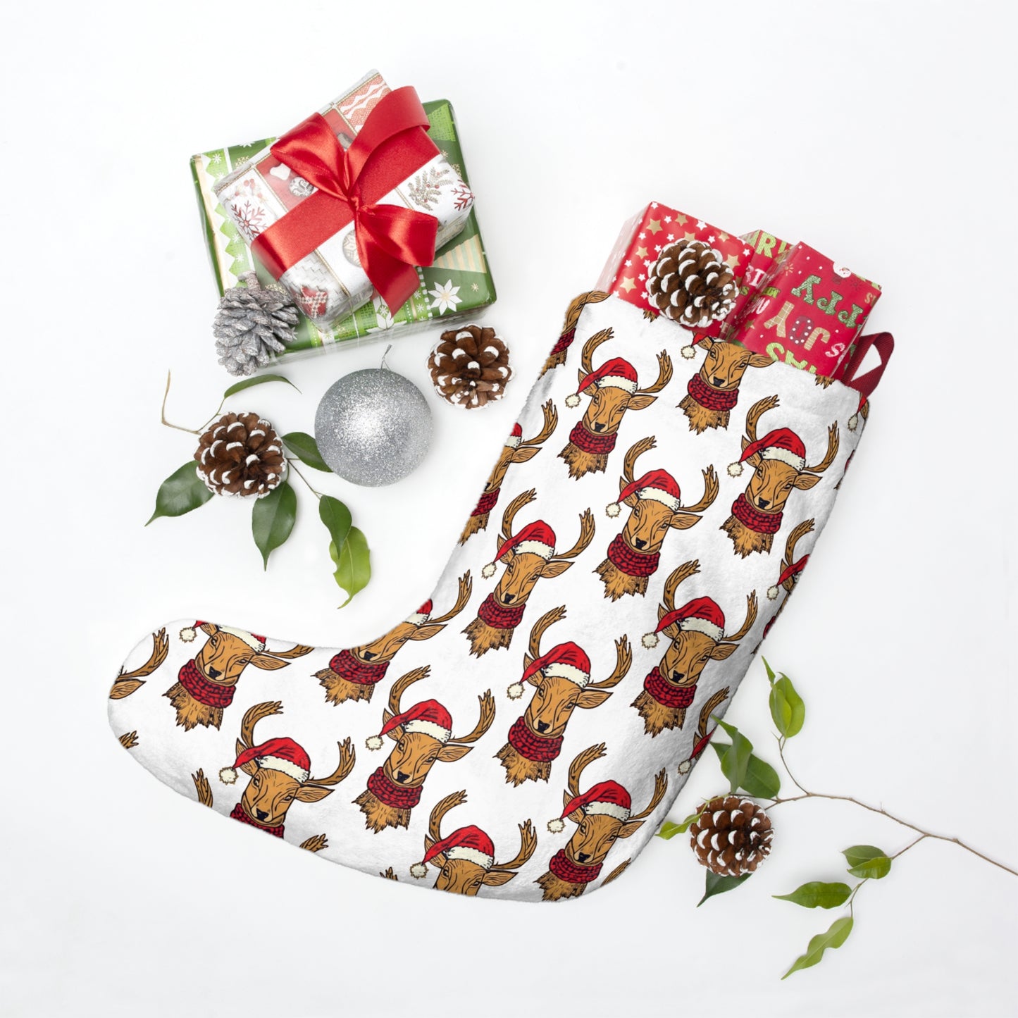 Festive Holiday Stockings with Cheerful Reindeer Design, Christmas Decor, Holiday Traditions