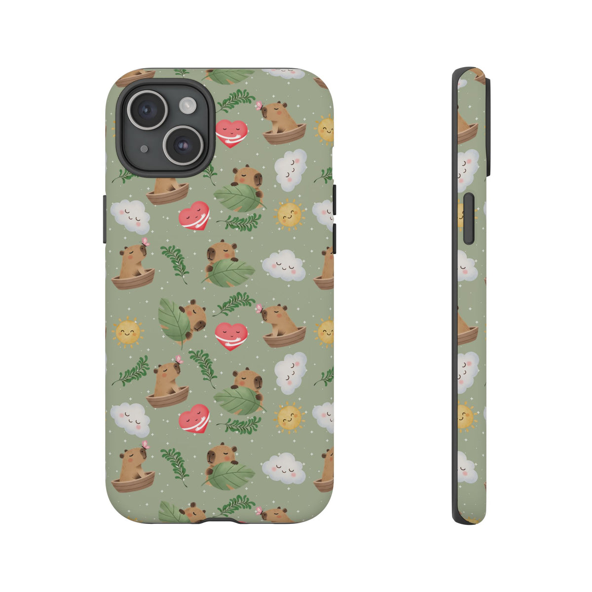 Cute Capybara Pattern Phone Case — Green Botanical Tough Case