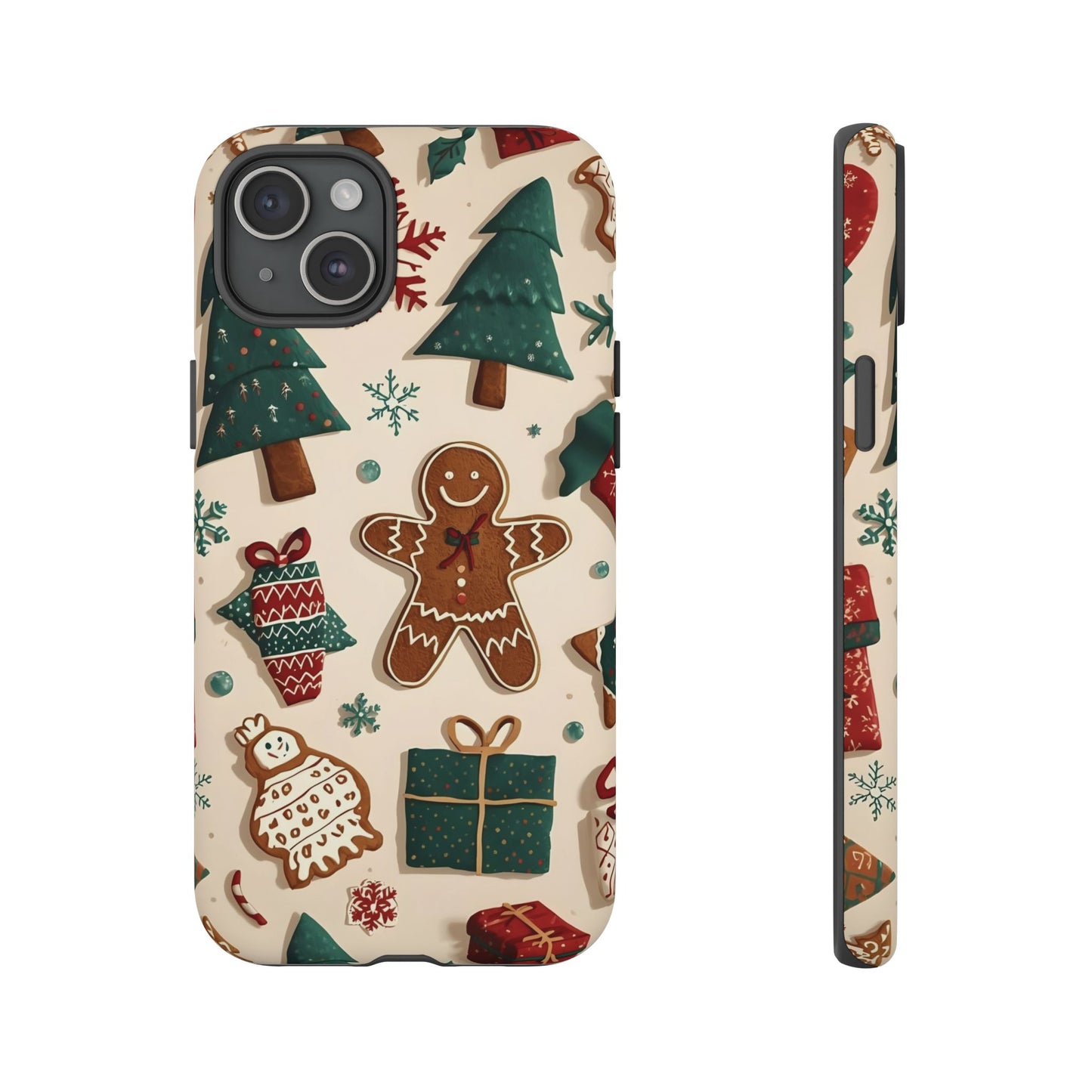 Christmas Phone Case with Gingerbread and Christmas Tree Design, Dual Layer Case for Iphone 17, 16, 15, 14, 13, 12, 11 & Samsung