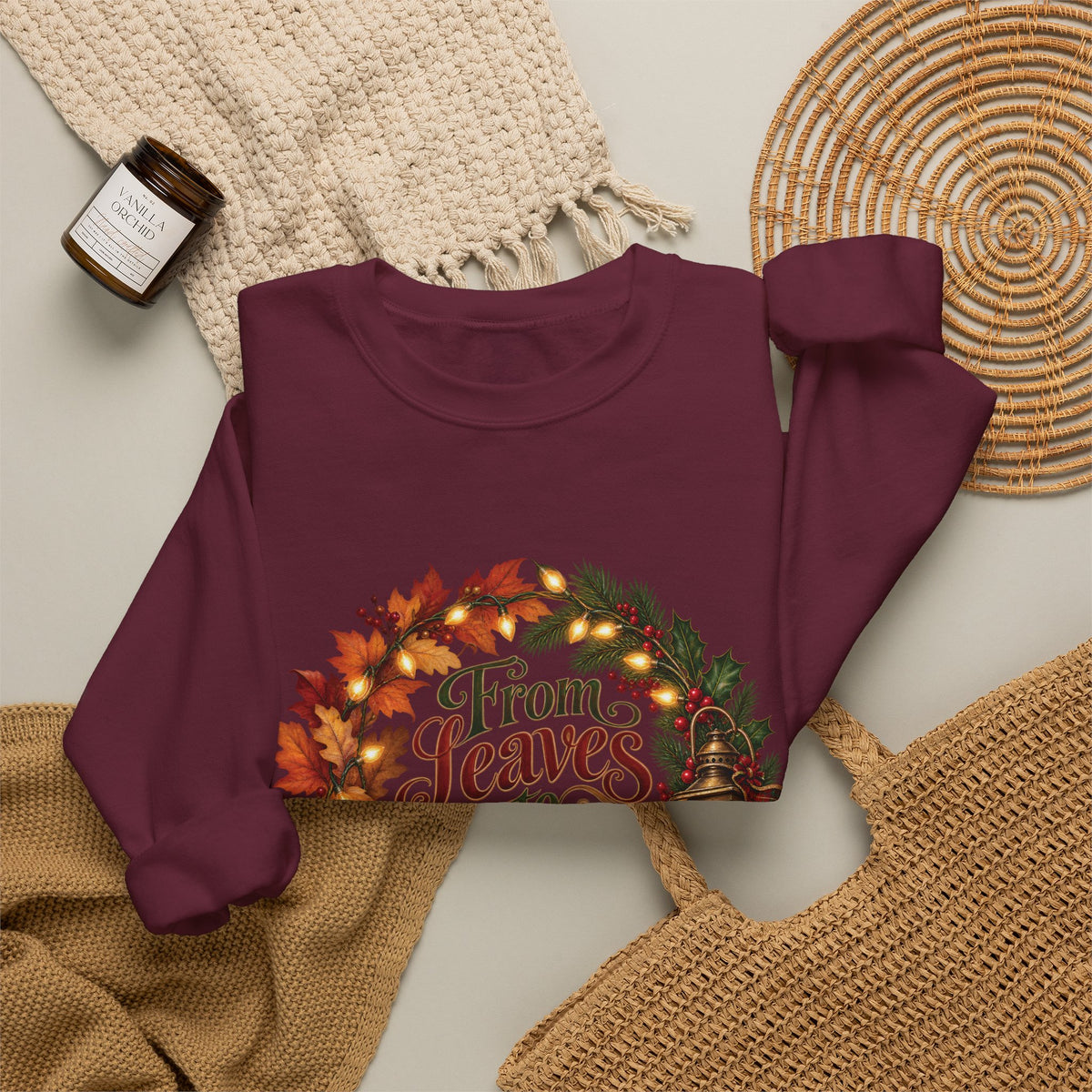 Christmas Crewneck Sweatshirt — "From Leaves to Lights" Autumn to Holiday Wreath Design