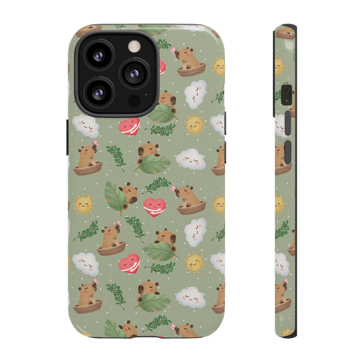 Cute Capybara Pattern Phone Case — Green Botanical Tough Case