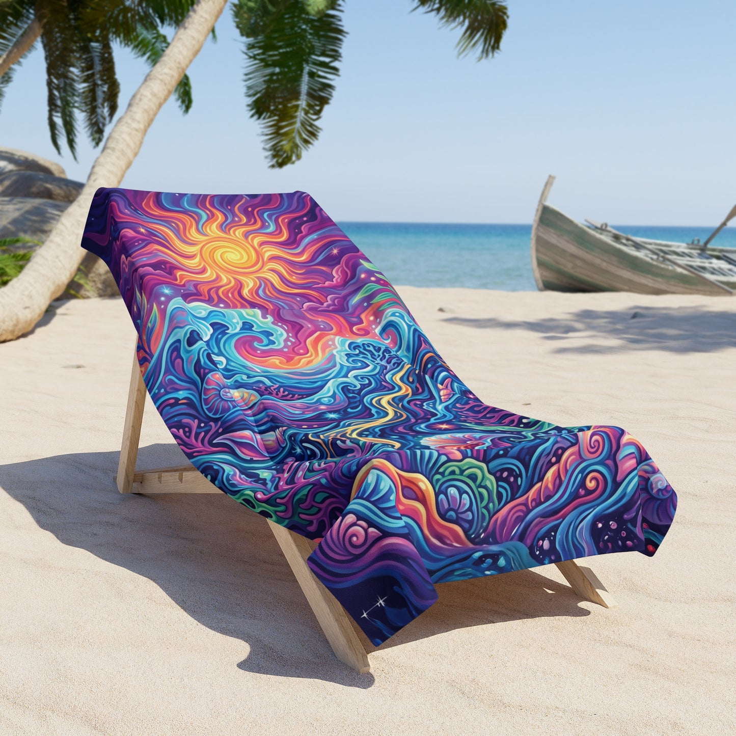 Psychedelic Sun & Sea Beach Towel — Vibrant Ocean Wave Sunset Print