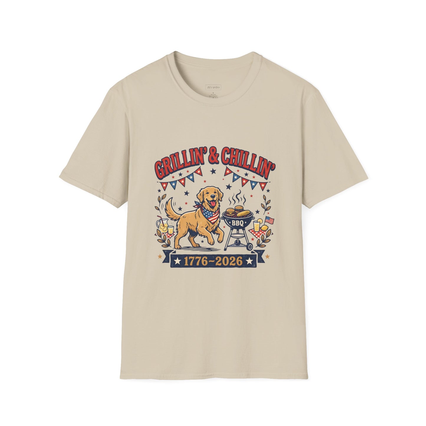 Grillin' & Chillin' BBQ Dog T-Shirt — 1776-2026 Patriotic Summer Tee, 4th of July Shirt, Independence Day Tee