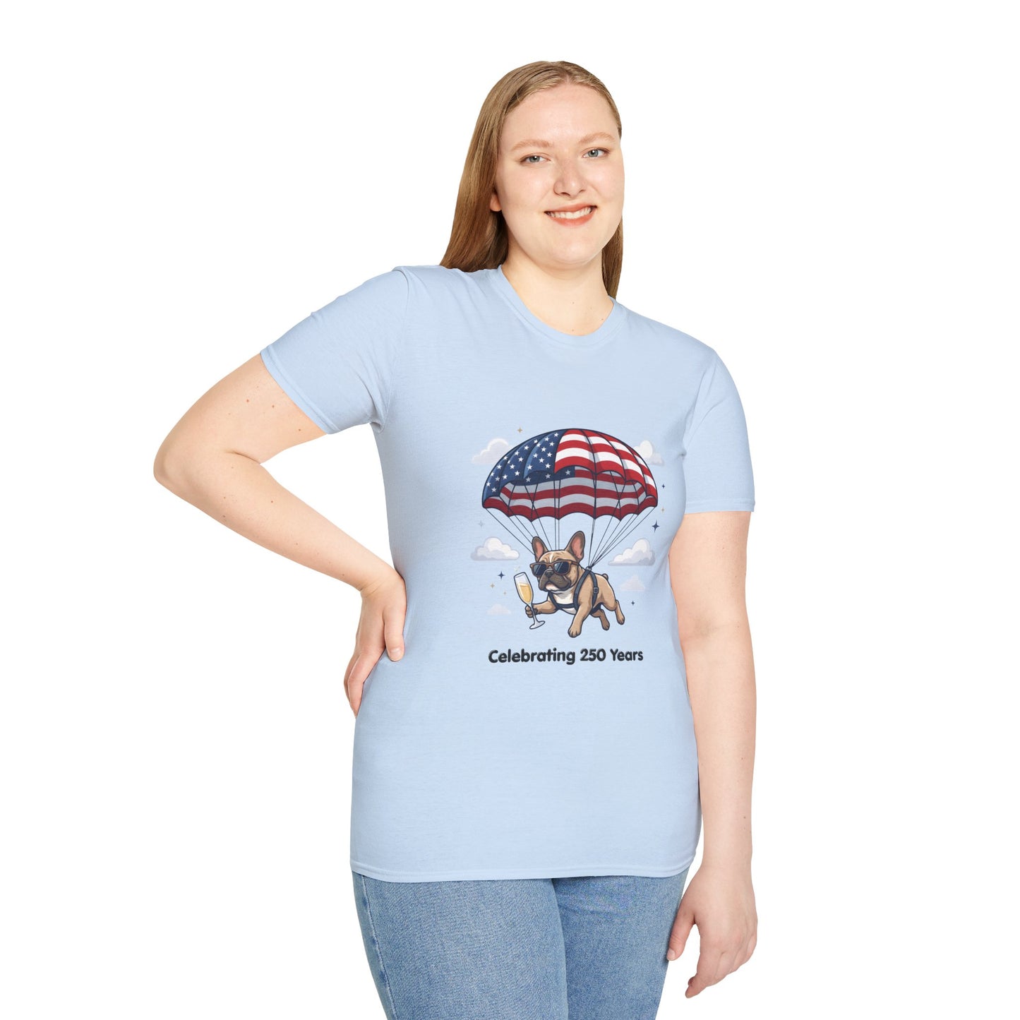 Patriotic French Bulldog T-Shirt — "Celebrating 250 Years" Parachute Design