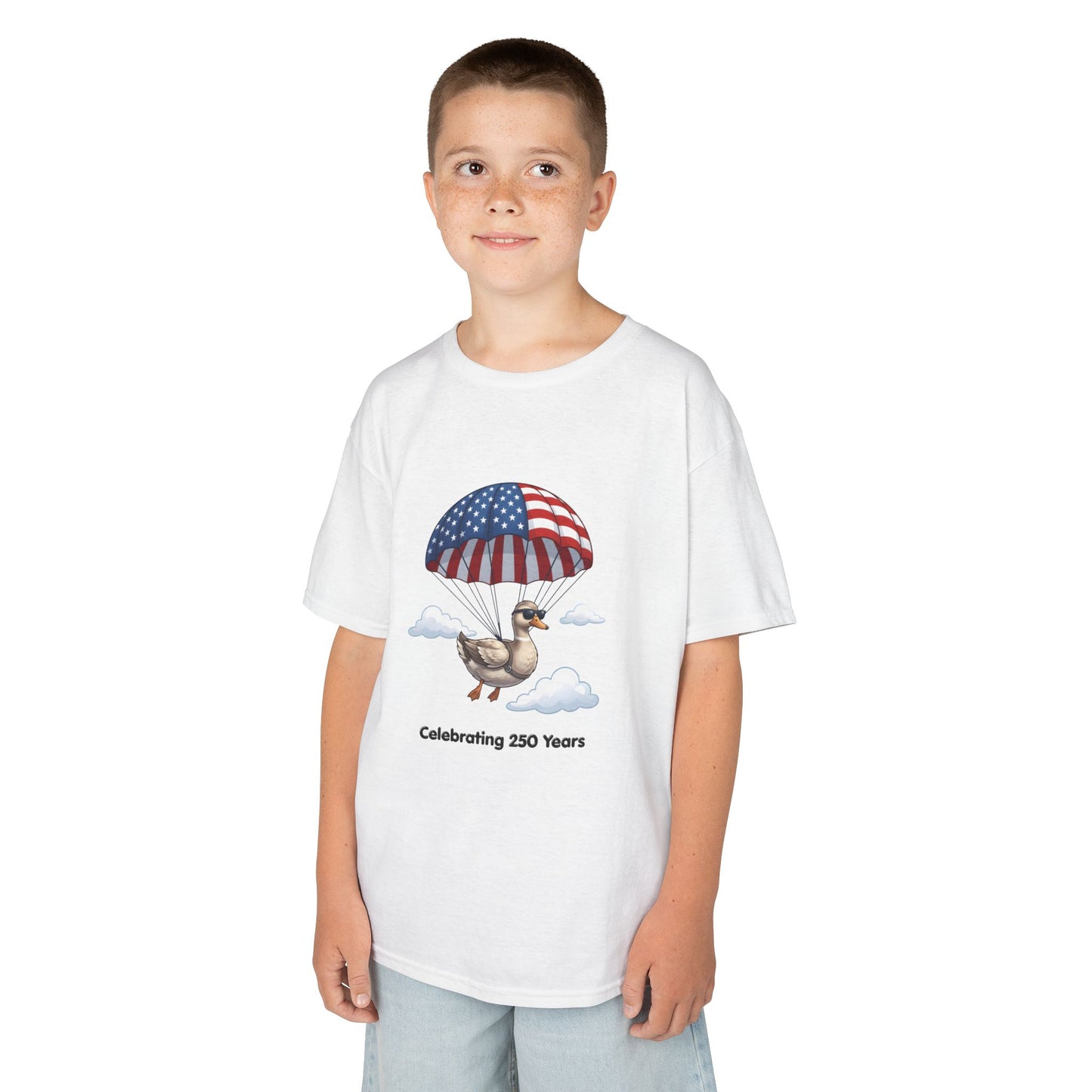 Kids Tee — Parachuting Duck, "Celebrating 250 Years"