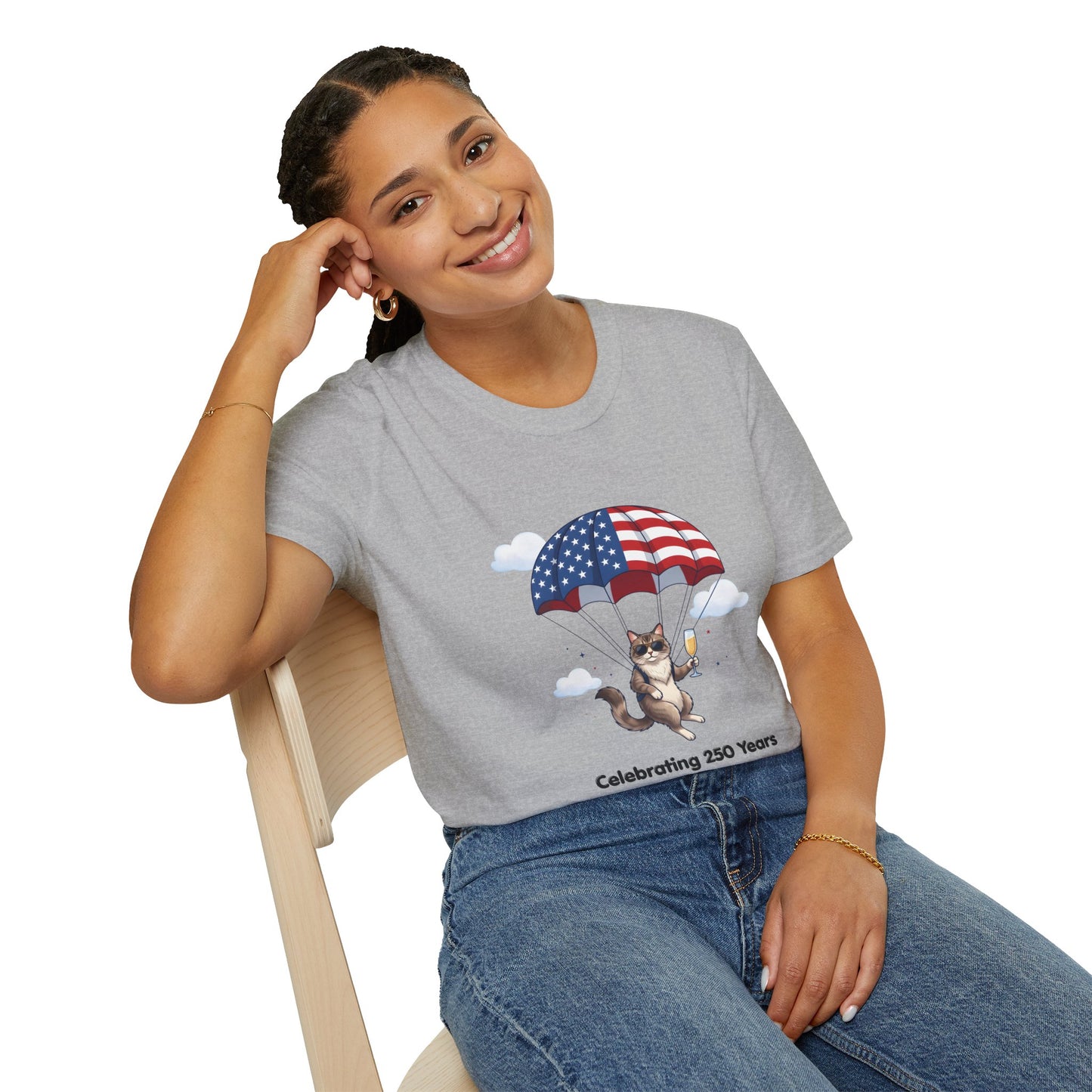 Patriotic Cat Parachute T-Shirt — "Celebrating 250 Years" 4th of July Tee