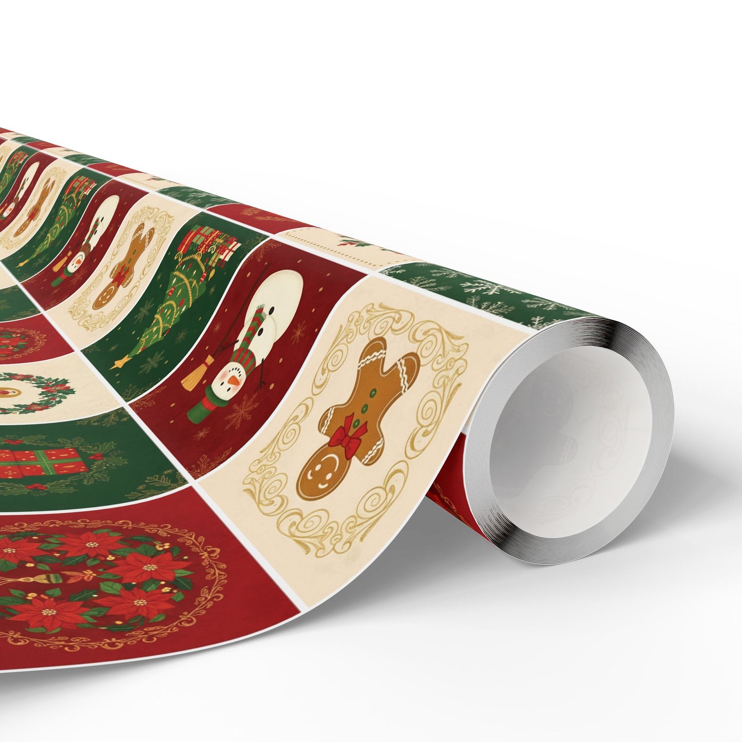 Christmas Patchwork Wrapping Paper Roll — Holiday Gift Wrap with Gingerbread, Snowman & Reindeer