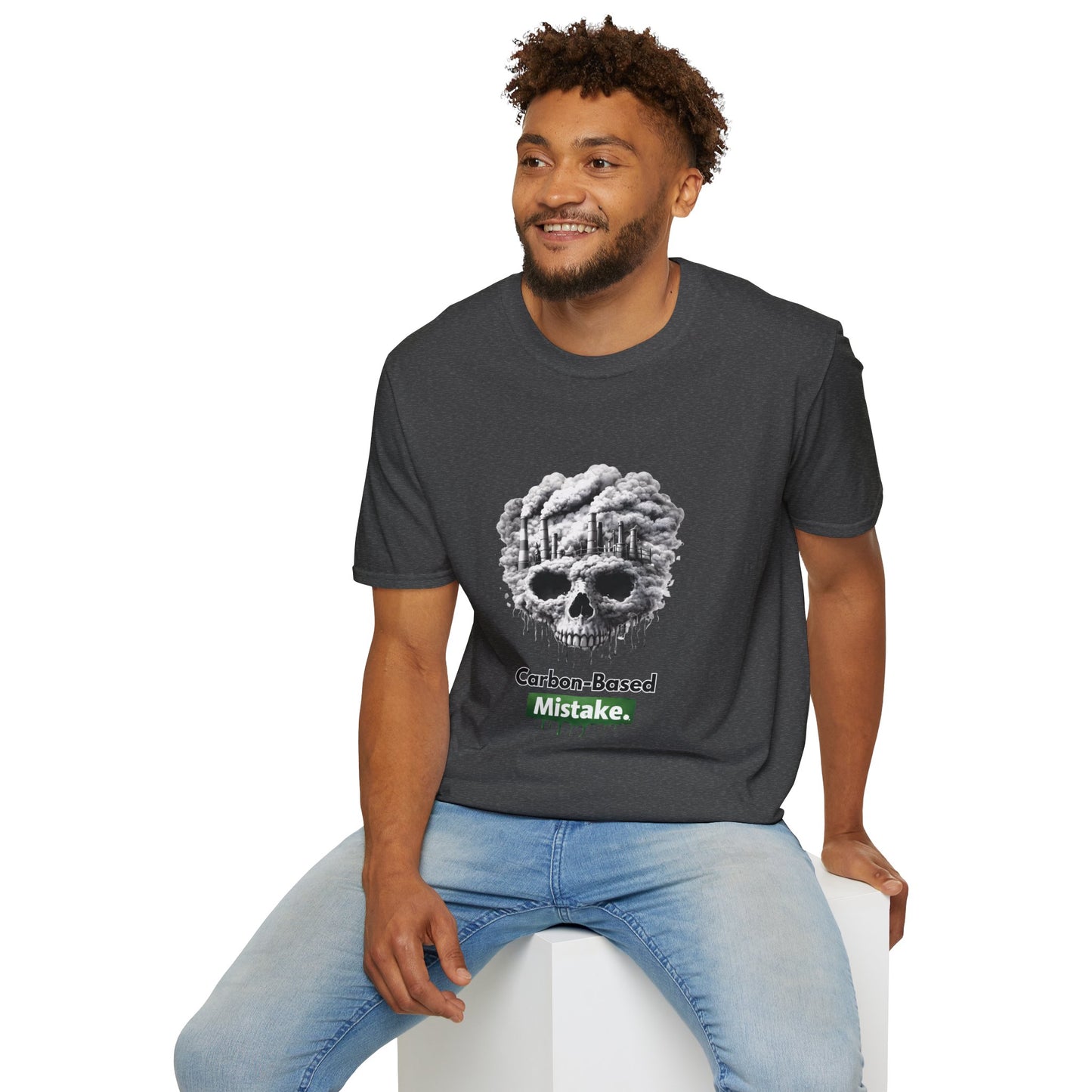 Carbon-Based Mistake Skull T-Shirt — Dark Humor Graphic Tee for Earth Day