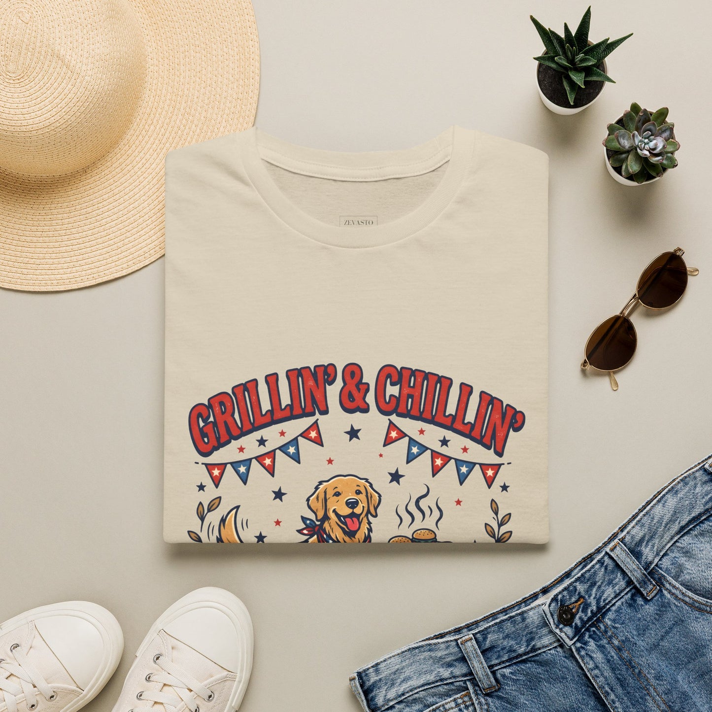 Grillin' & Chillin' BBQ Dog T-Shirt — 1776-2026 Patriotic Summer Tee, 4th of July Shirt, Independence Day Tee