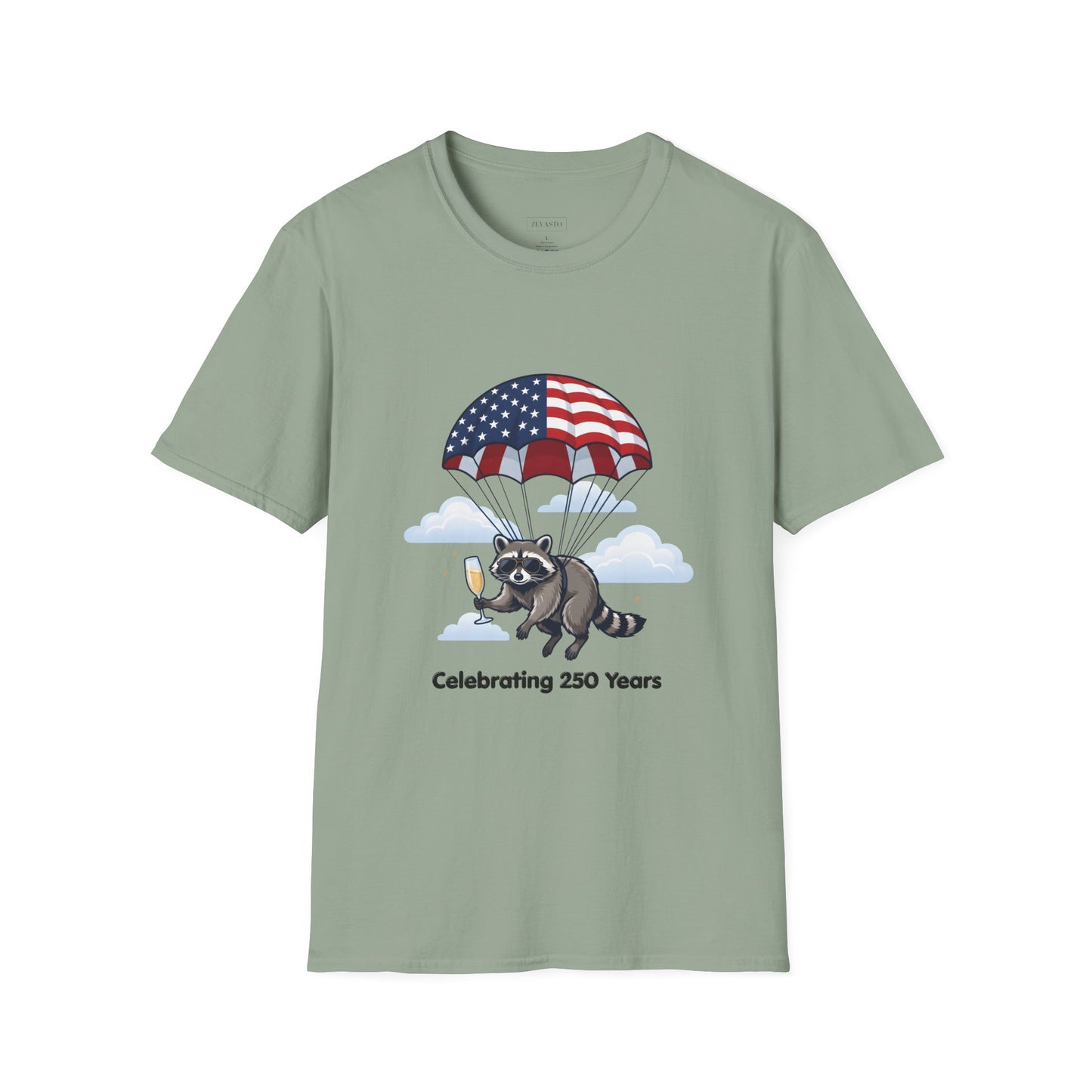 Patriotic Parachuting Raccoon T-Shirt — "Celebrating 250 Years"