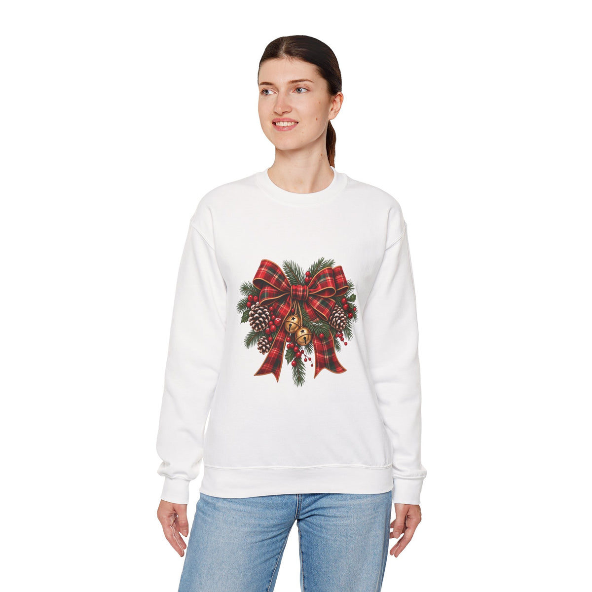 Christmas Plaid Bow Sweatshirt - Holiday Pinecone & Jingle Bells Crewneck