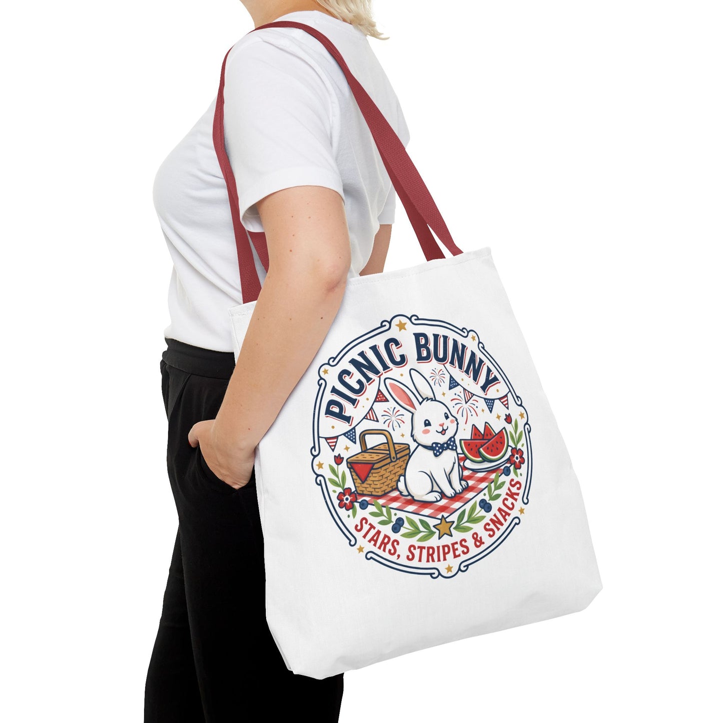 Patriotic Picnic Bunny Tote Bag — ‘Stars, Stripes & Snacks’ Cute Rabbit Picnic Tote, 4th of July Tote