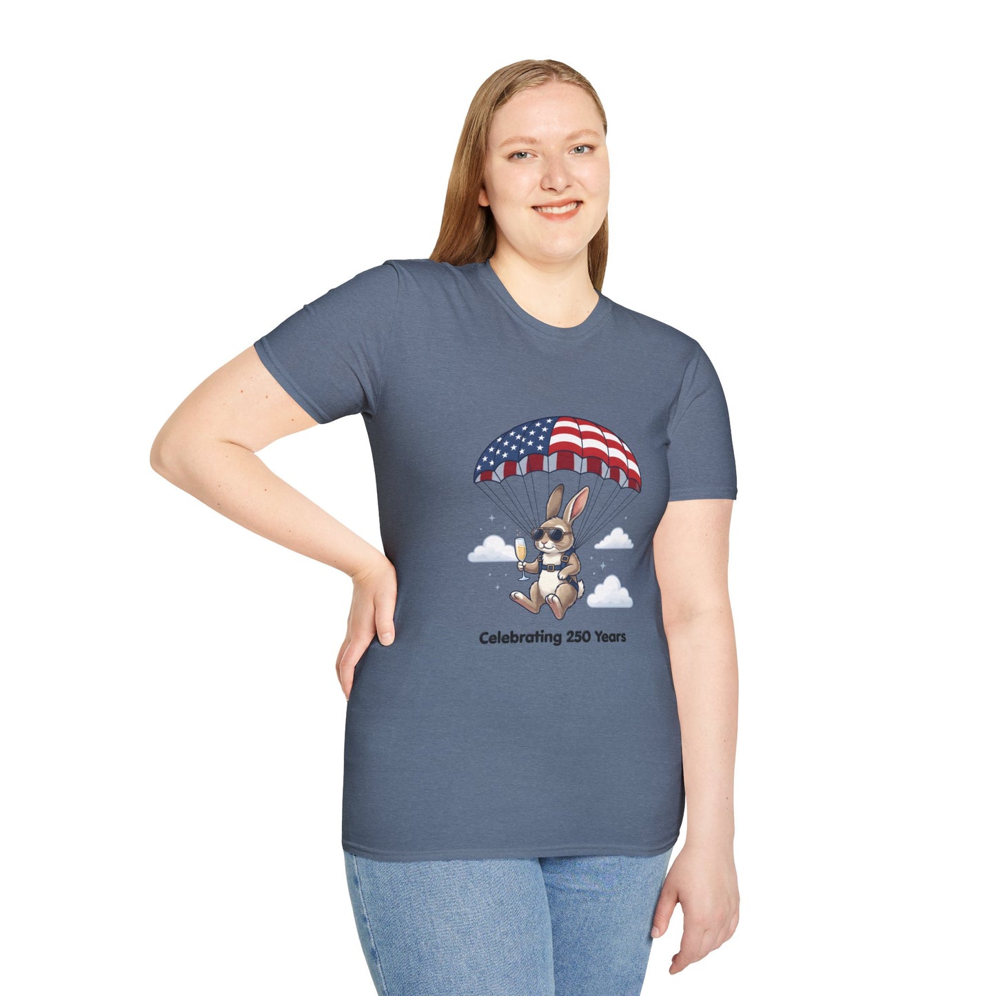 Patriotic Parachuting Bunny T-Shirt — "Celebrating 250 Years"