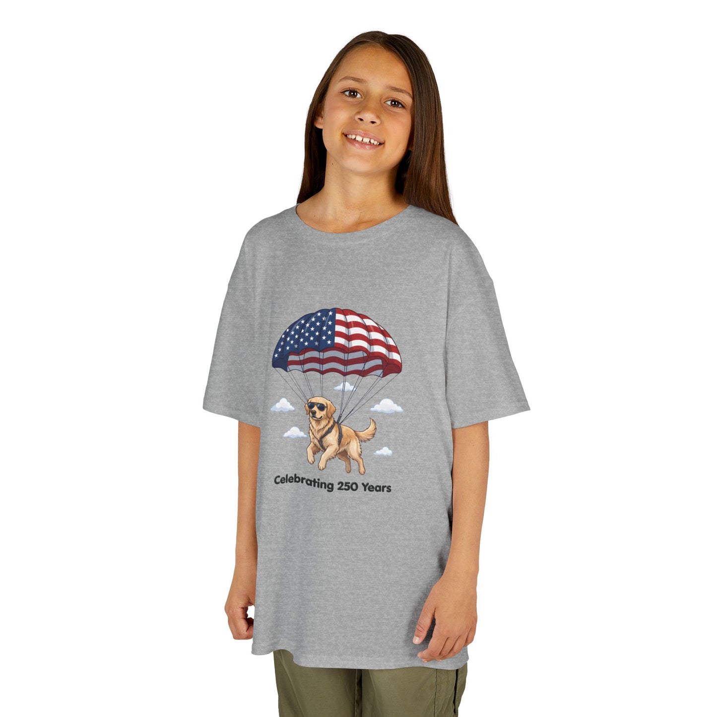 Kids Tee — Dog with Parachute, "Celebrating 250 Years" (Patriotic Fourth of July)